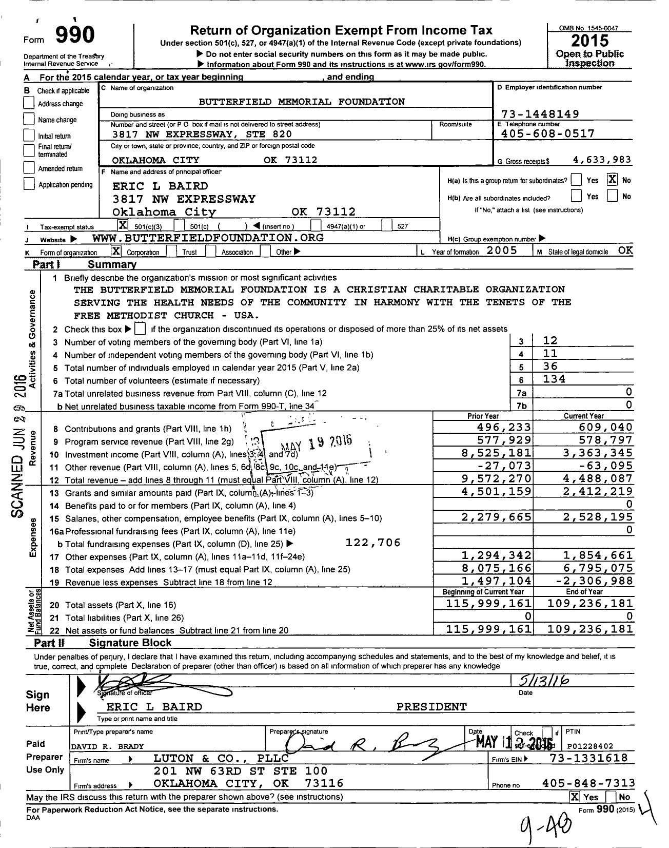 Image of first page of 2015 Form 990 for Butterfield Memorial Foundation