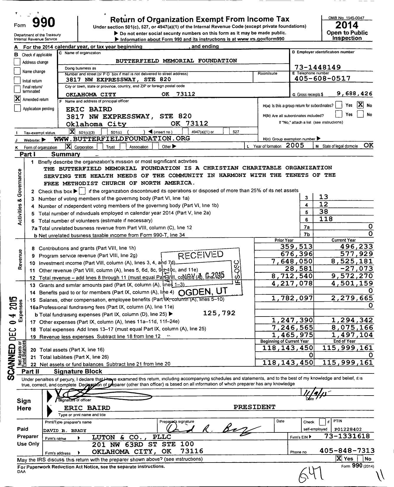 Image of first page of 2014 Form 990 for Butterfield Memorial Foundation