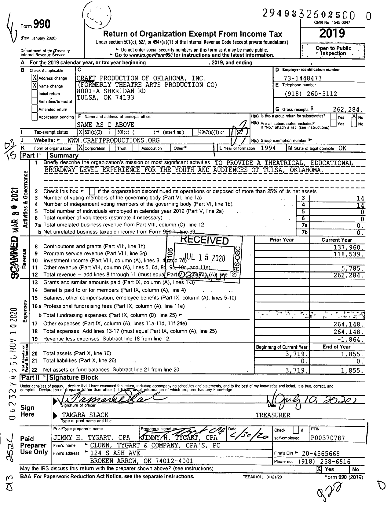 Image of first page of 2019 Form 990 for Craft Production of Oklahoma