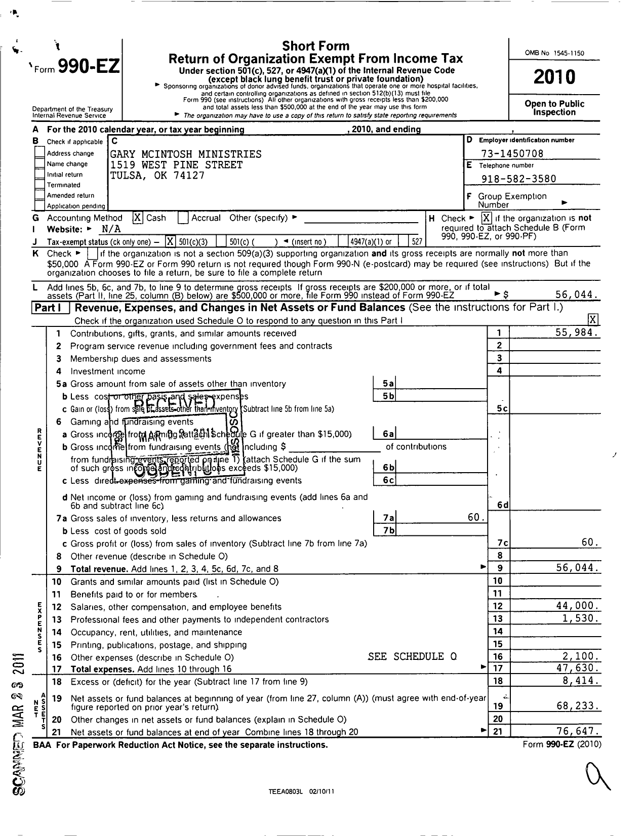 Image of first page of 2010 Form 990EZ for Gary Mcintosh Ministries