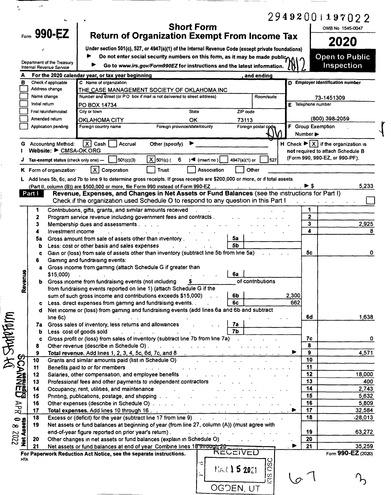 Image of first page of 2020 Form 990EO for Case Management Society of America / CMS of Oklahoma Inc