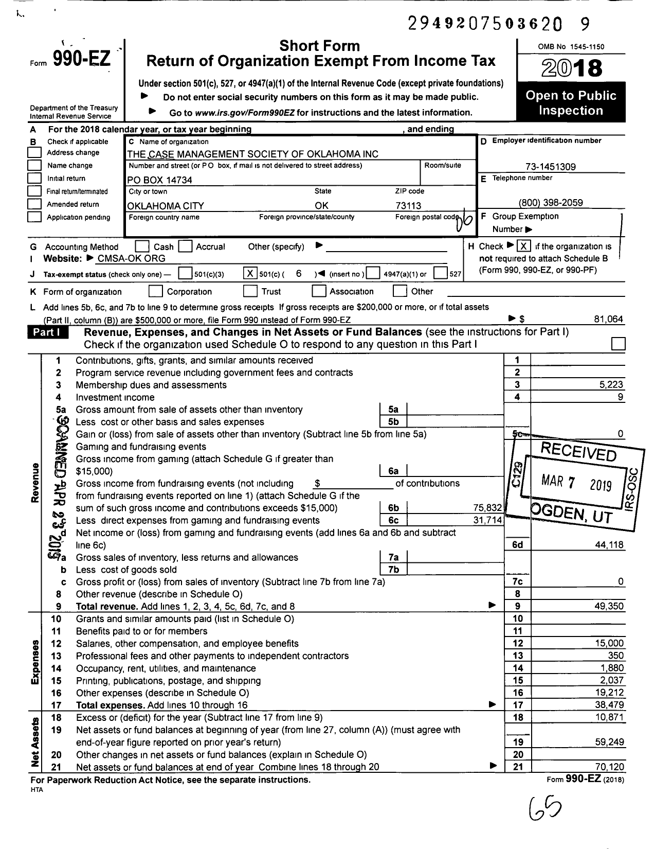 Image of first page of 2018 Form 990EO for Case Management Society of America / CMS of Oklahoma Inc