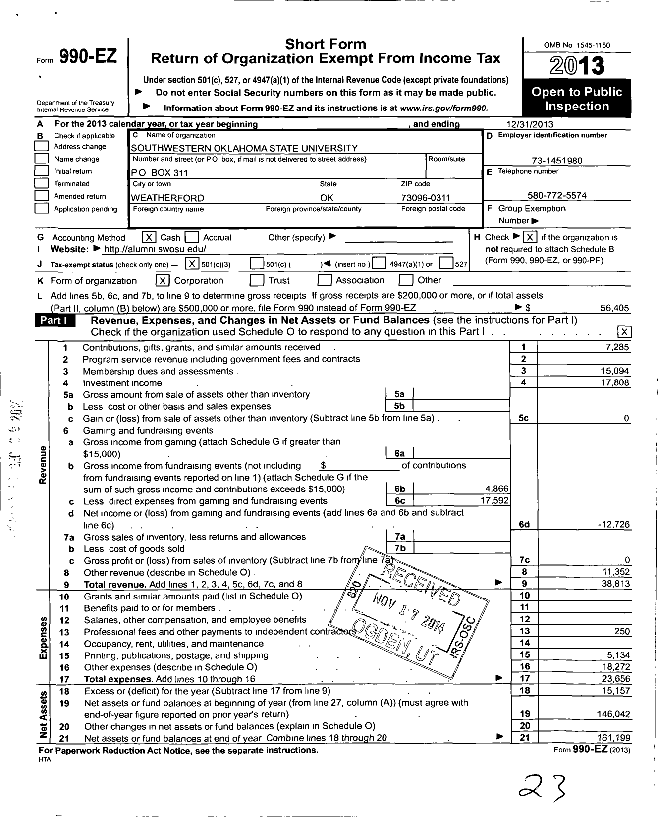 Image of first page of 2013 Form 990EZ for Southwestern Oklahoma State University