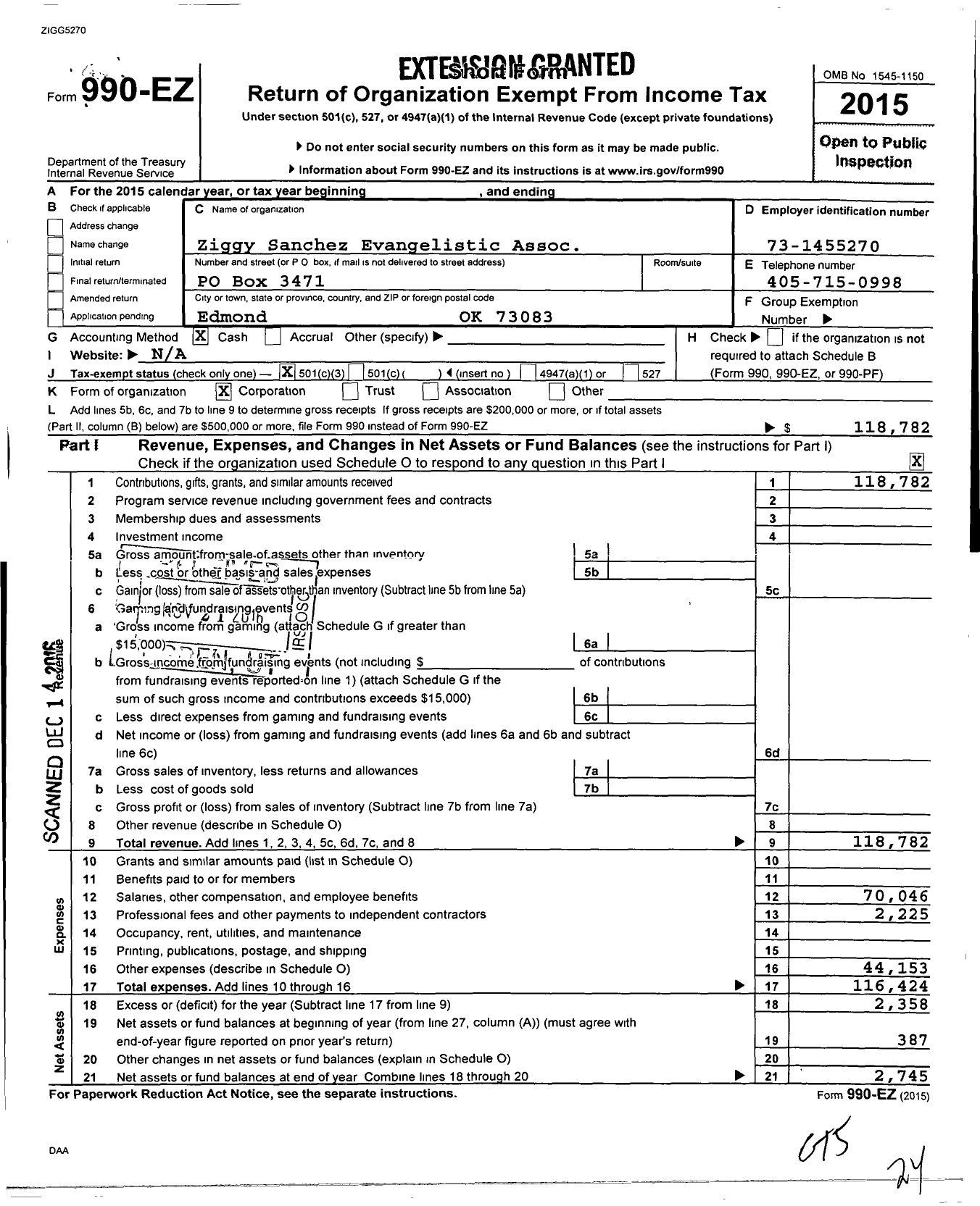 Image of first page of 2015 Form 990EZ for Ziggy Sanchez Evangelistic Association