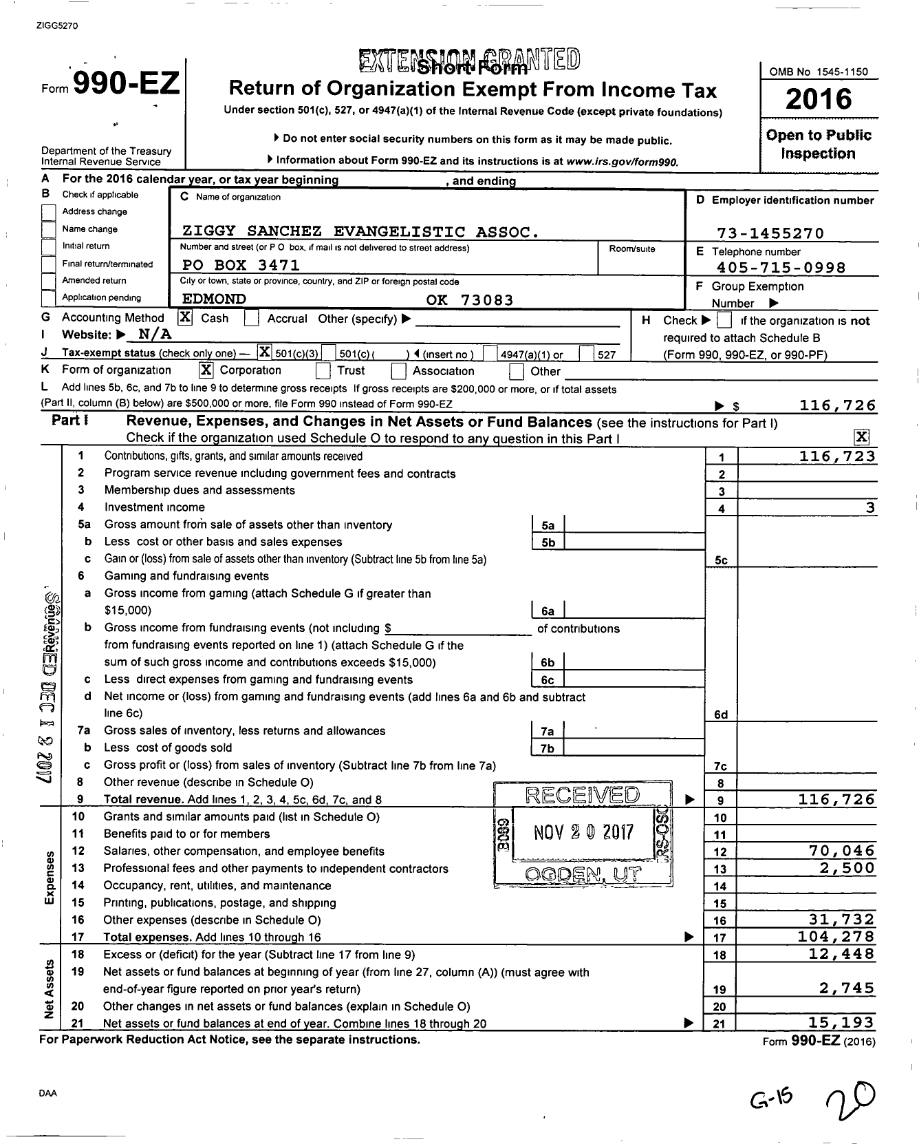 Image of first page of 2016 Form 990EZ for Ziggy Sanchez Evangelistic Association