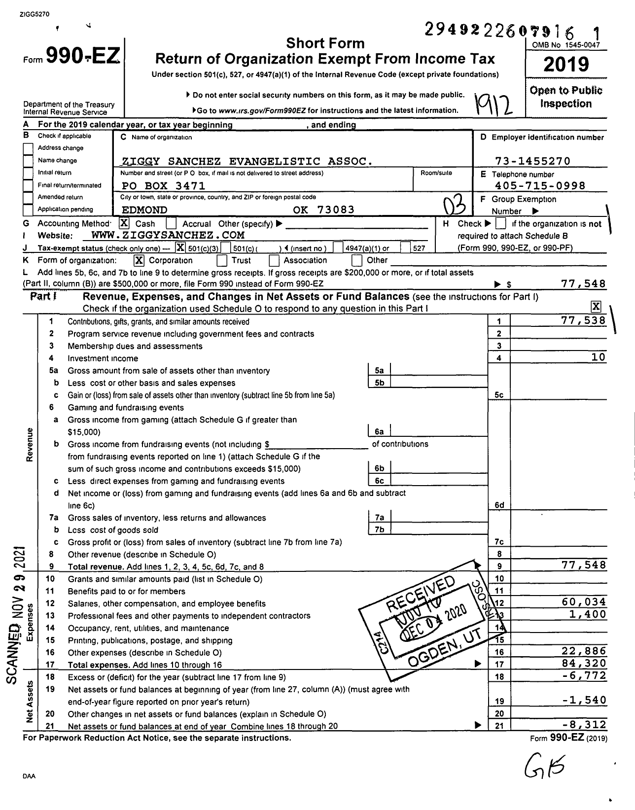 Image of first page of 2019 Form 990EZ for Ziggy Sanchez Evangelistic Association