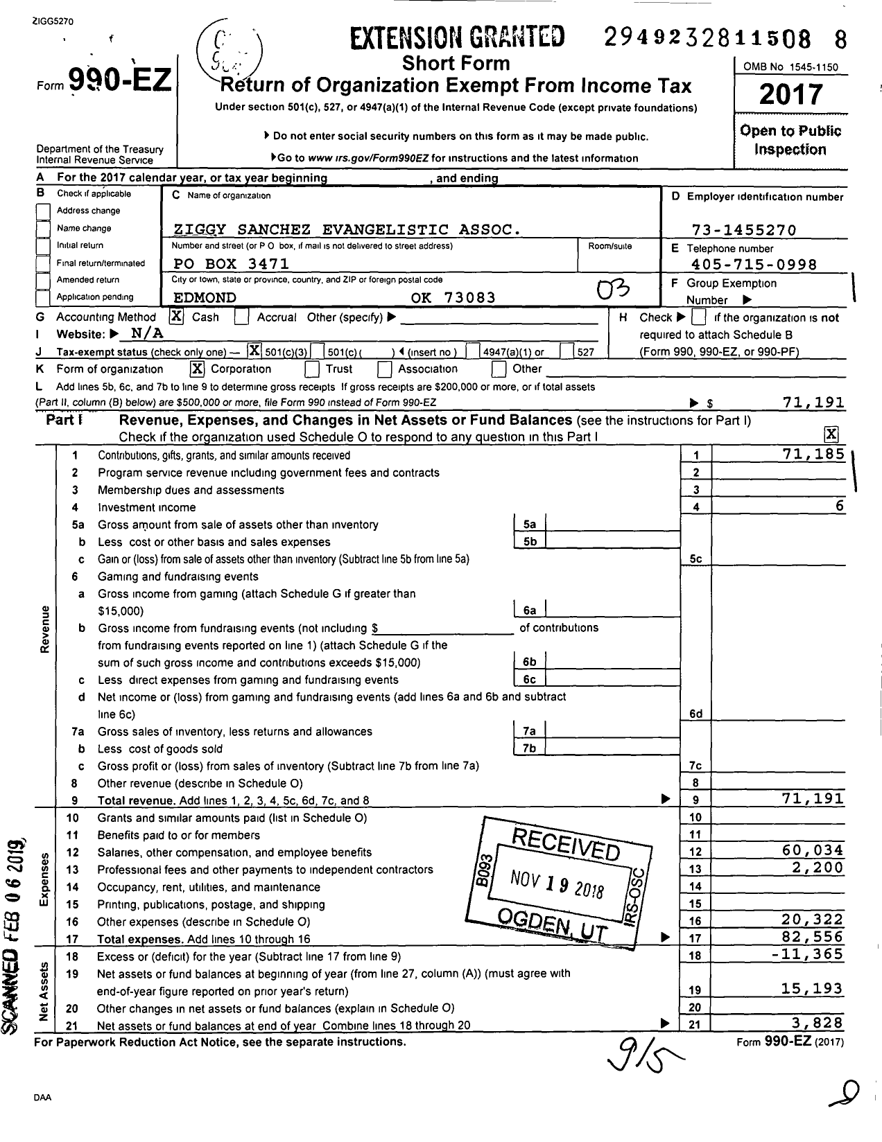 Image of first page of 2017 Form 990EZ for Ziggy Sanchez Evangelistic Association