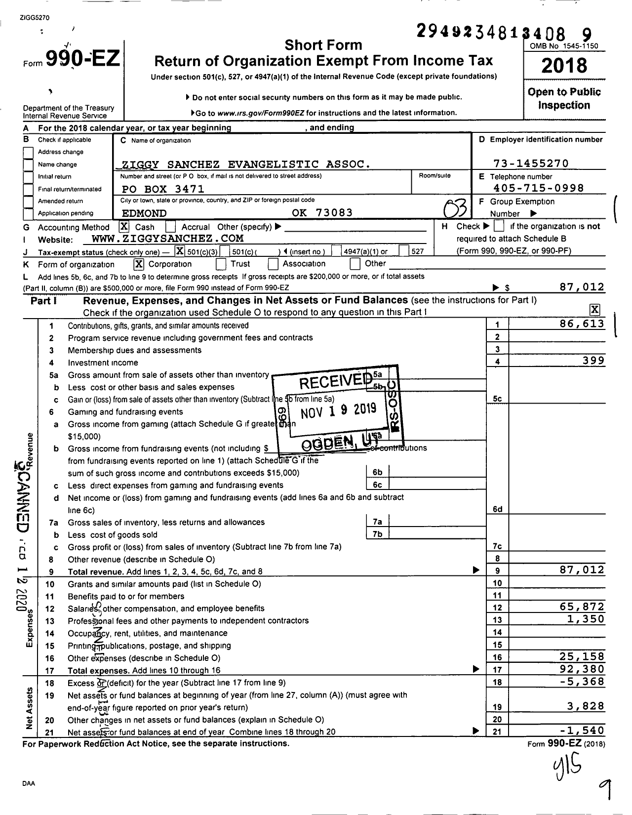 Image of first page of 2018 Form 990EZ for Ziggy Sanchez Evangelistic Association