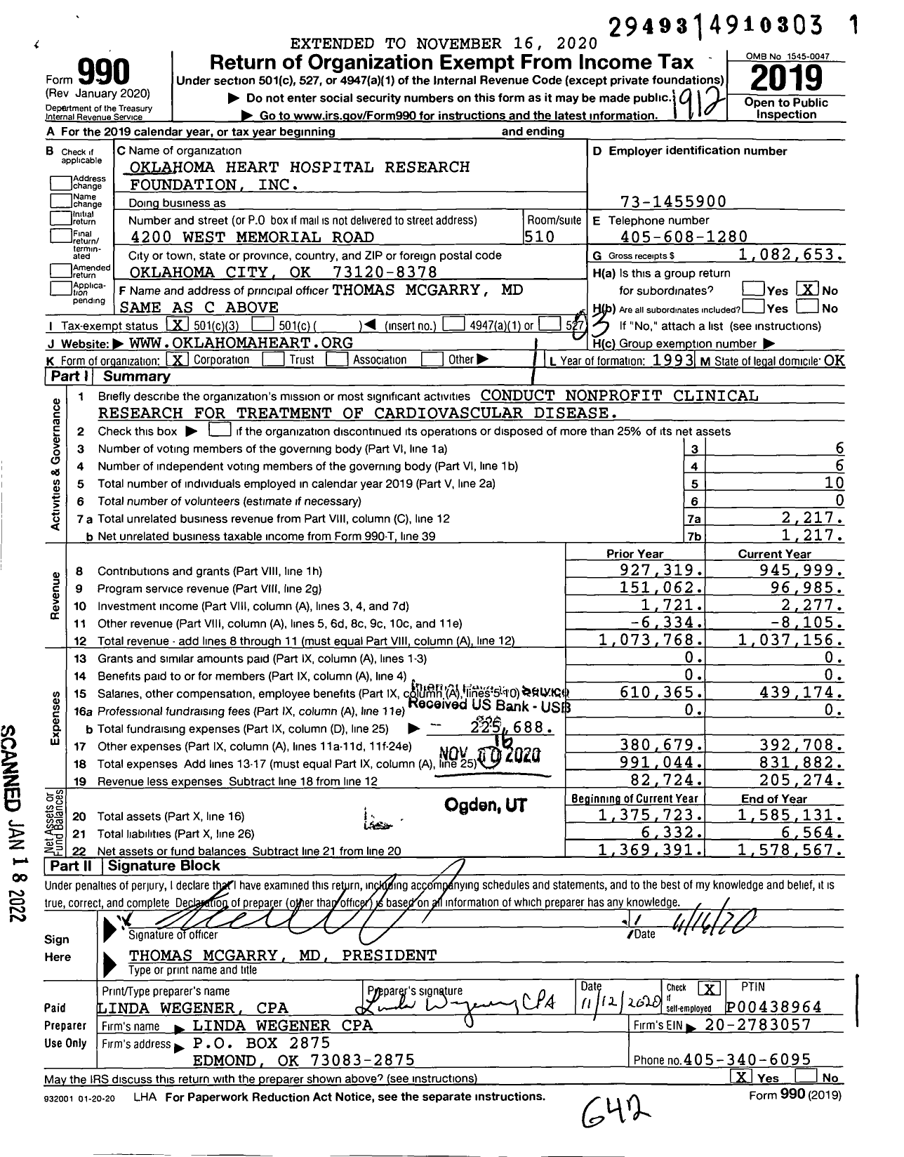 Image of first page of 2019 Form 990 for Oklahoma Heart Hospital Research Foundation