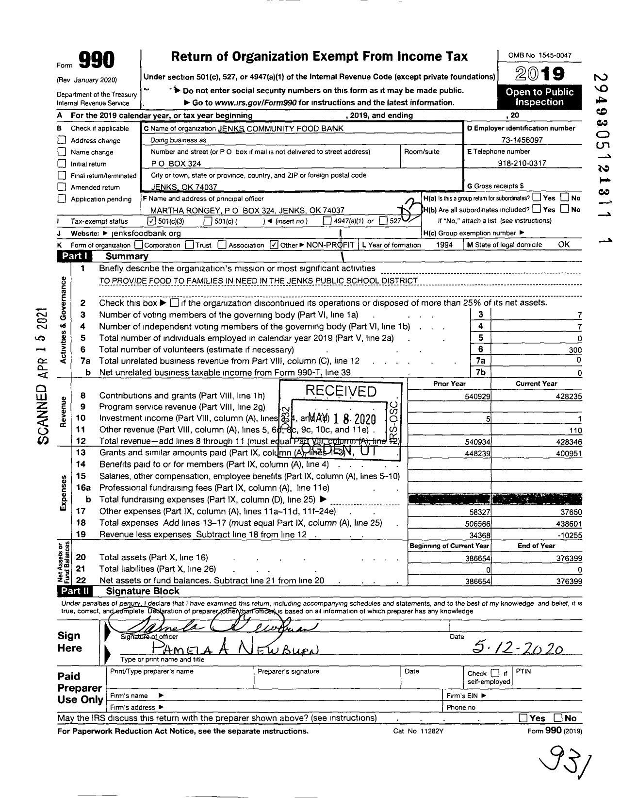Image of first page of 2019 Form 990 for Jenks Community Food Bank