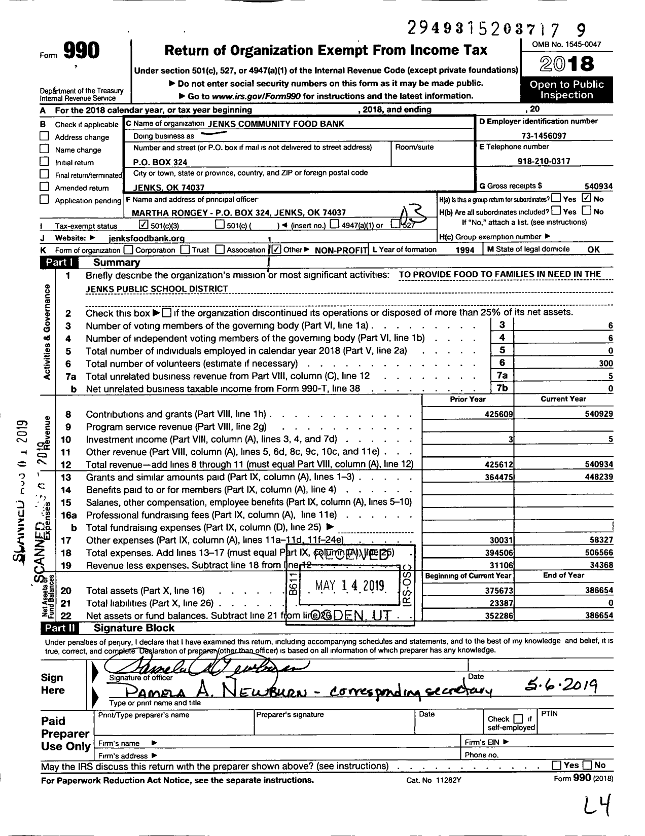 Image of first page of 2018 Form 990 for Jenks Community Food Bank