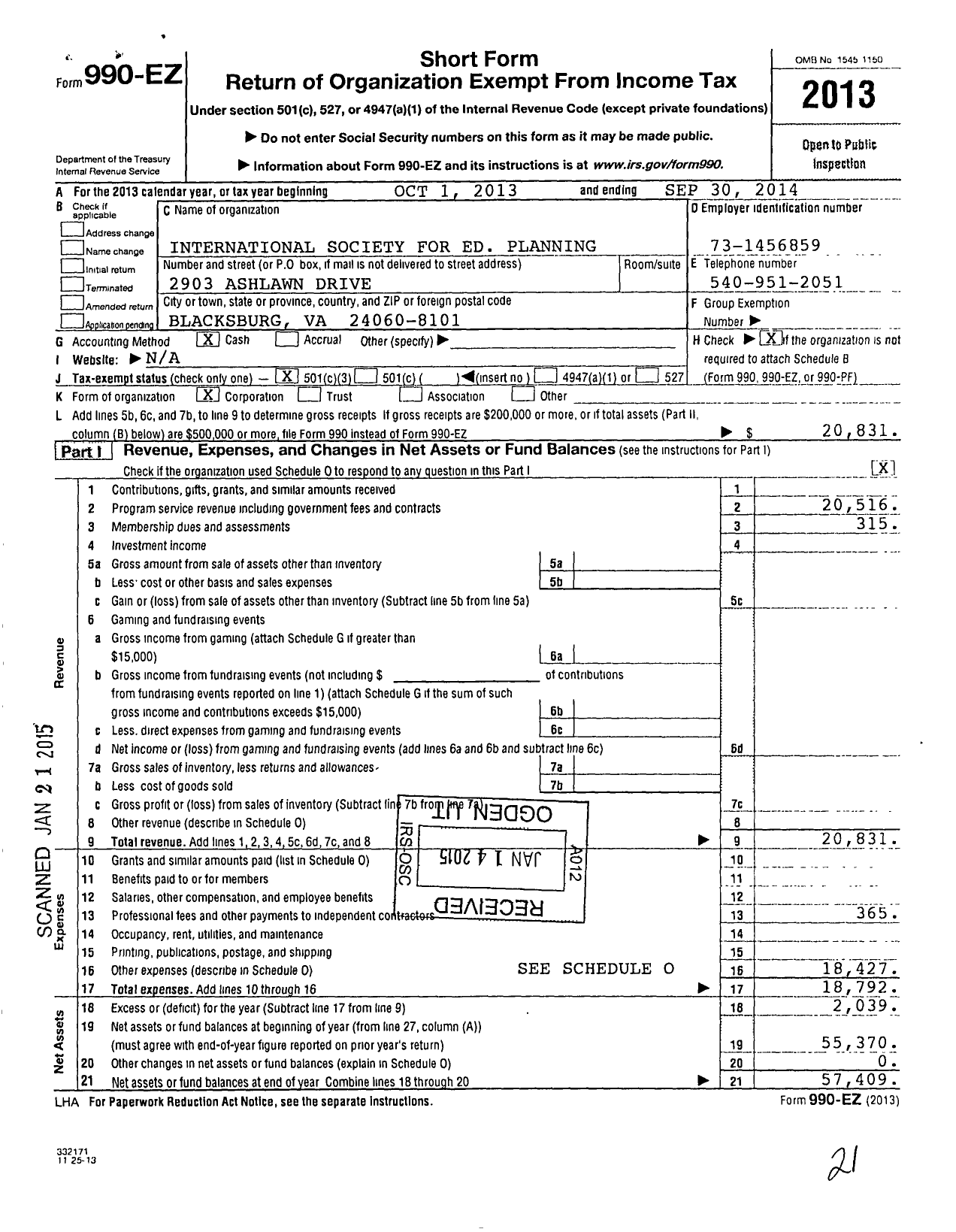 Image of first page of 2013 Form 990EZ for International Society for Educational Planning