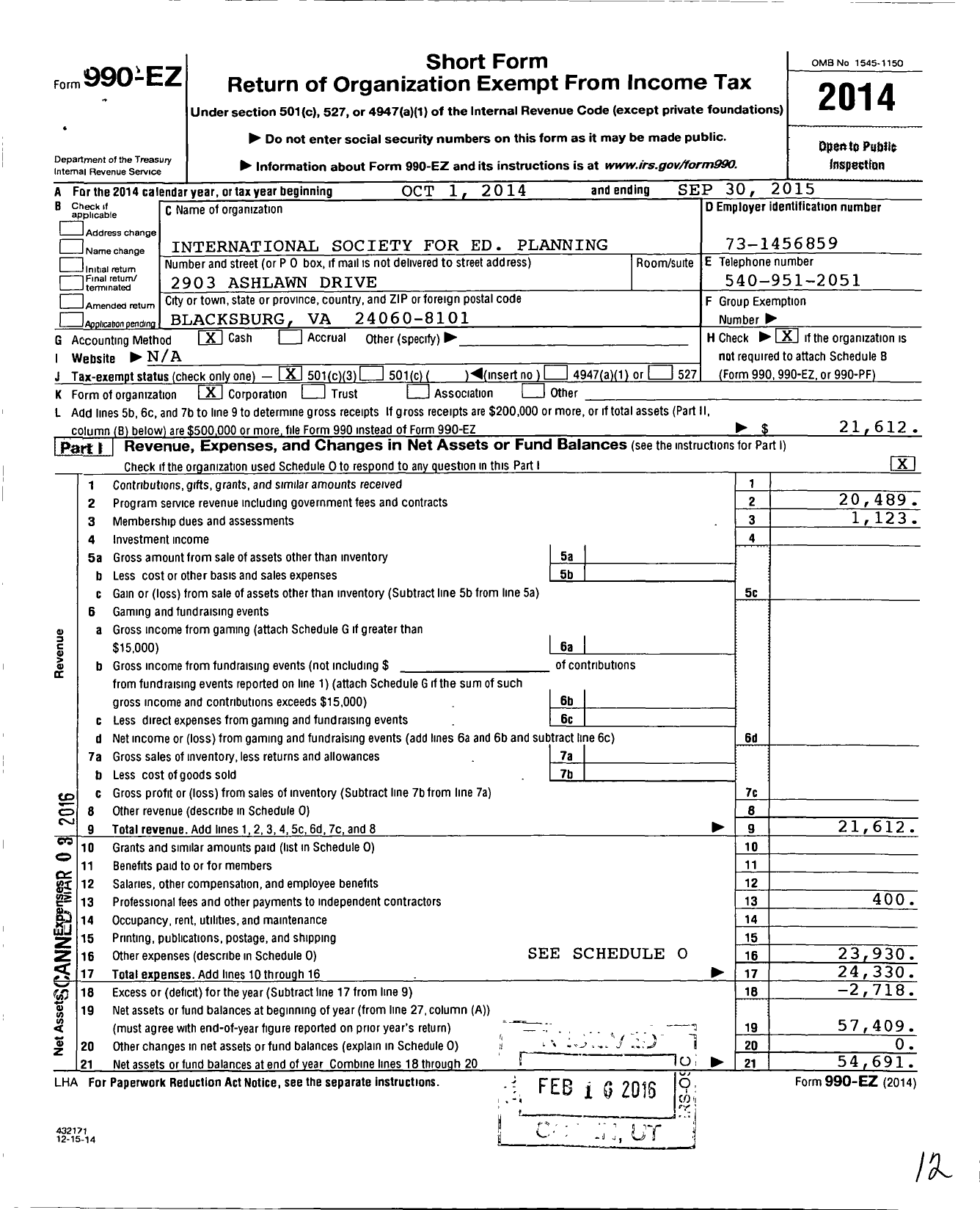 Image of first page of 2014 Form 990EZ for International Society for Educational Planning