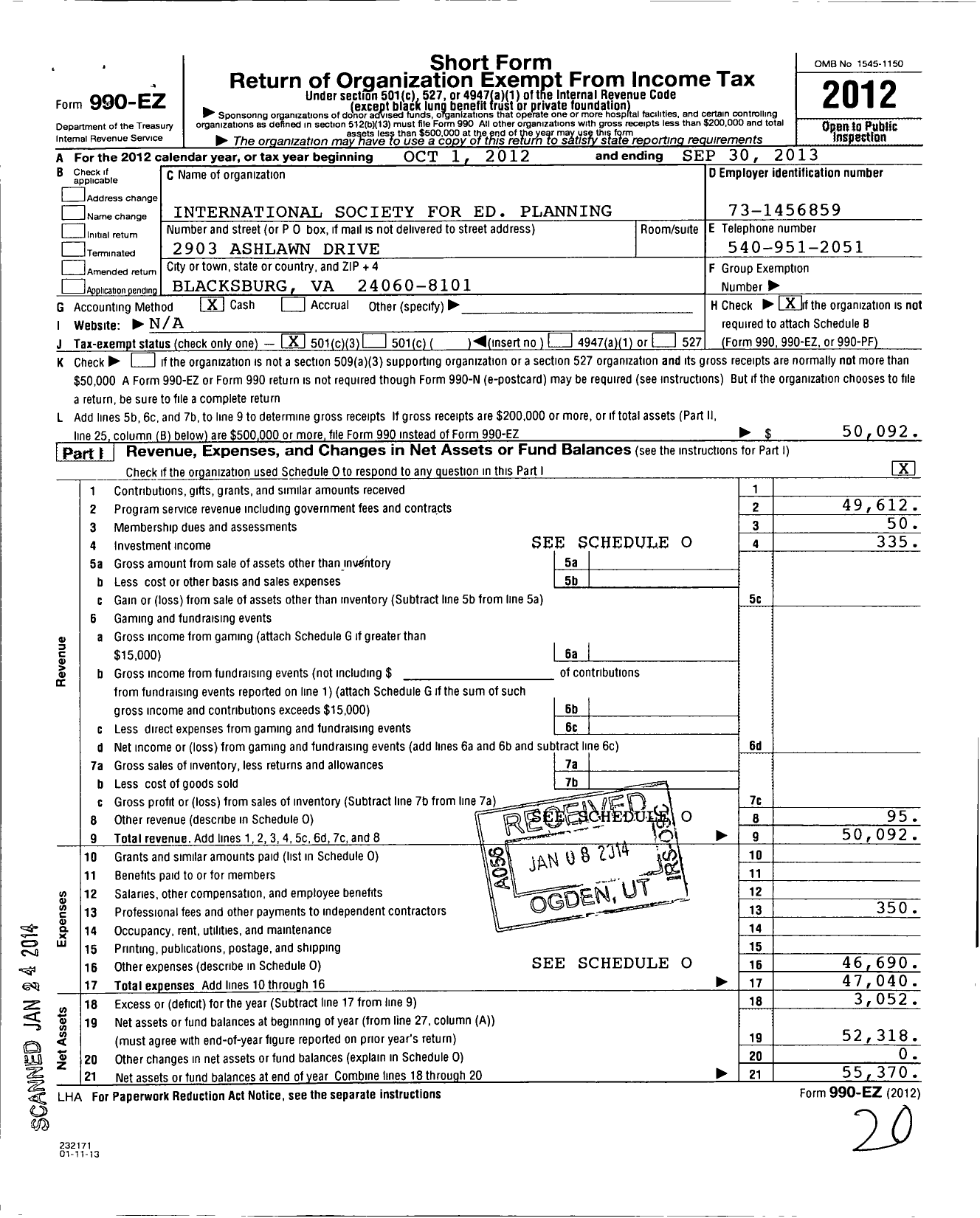 Image of first page of 2012 Form 990EZ for International Society for Educational Planning