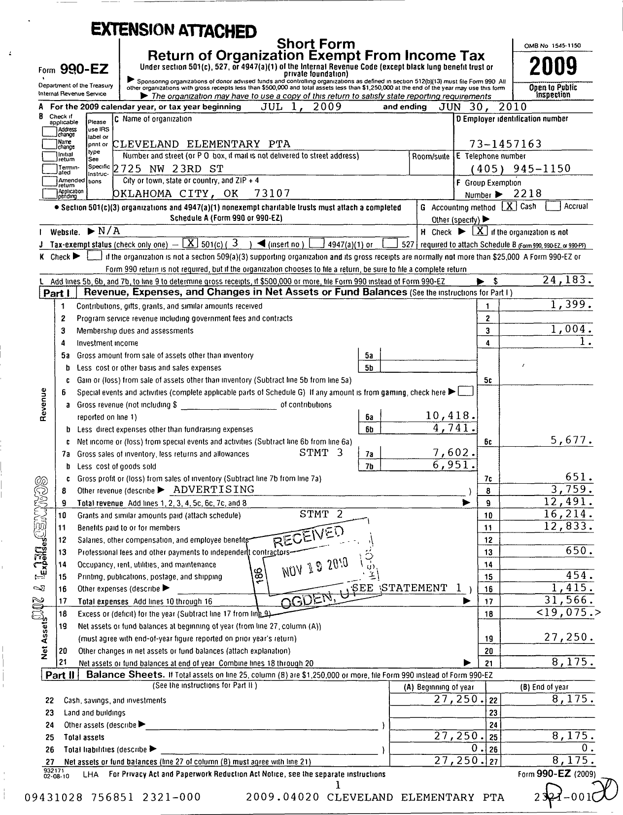 Image of first page of 2009 Form 990EZ for PTA Oklahoma Congress / Cleveland Elementary PTA