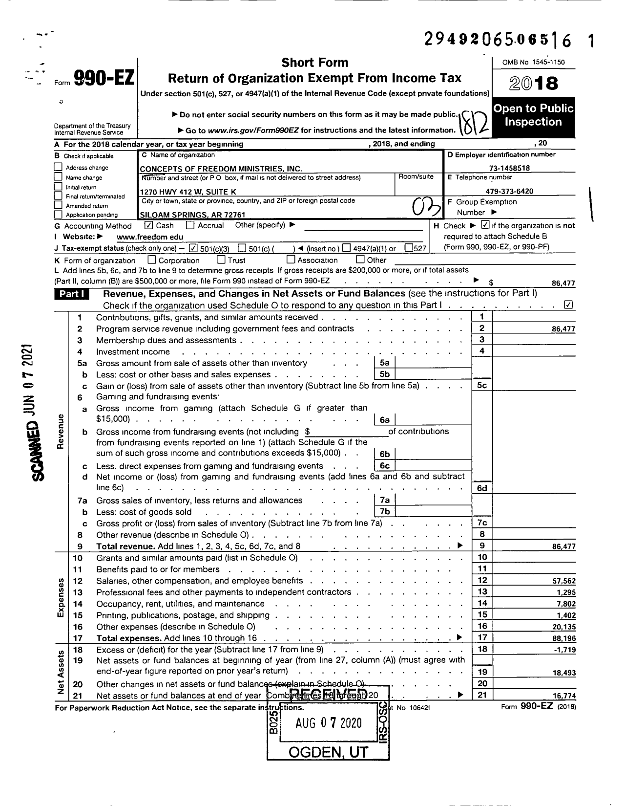 Image of first page of 2018 Form 990EZ for Concepts of Freedom Ministries