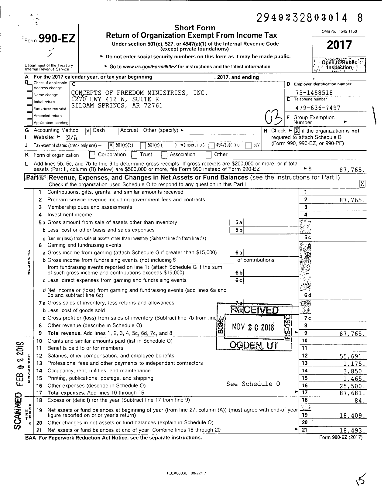 Image of first page of 2017 Form 990EZ for Concepts of Freedom Ministries