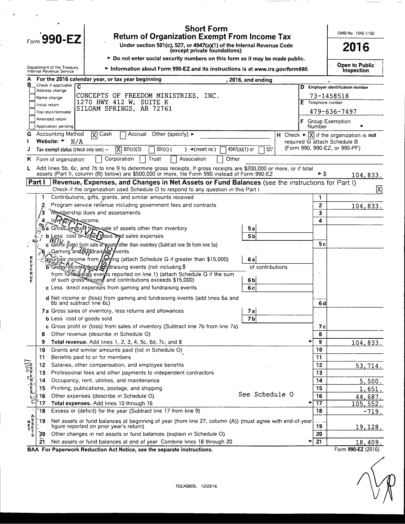 Image of first page of 2016 Form 990EZ for Concepts of Freedom Ministries