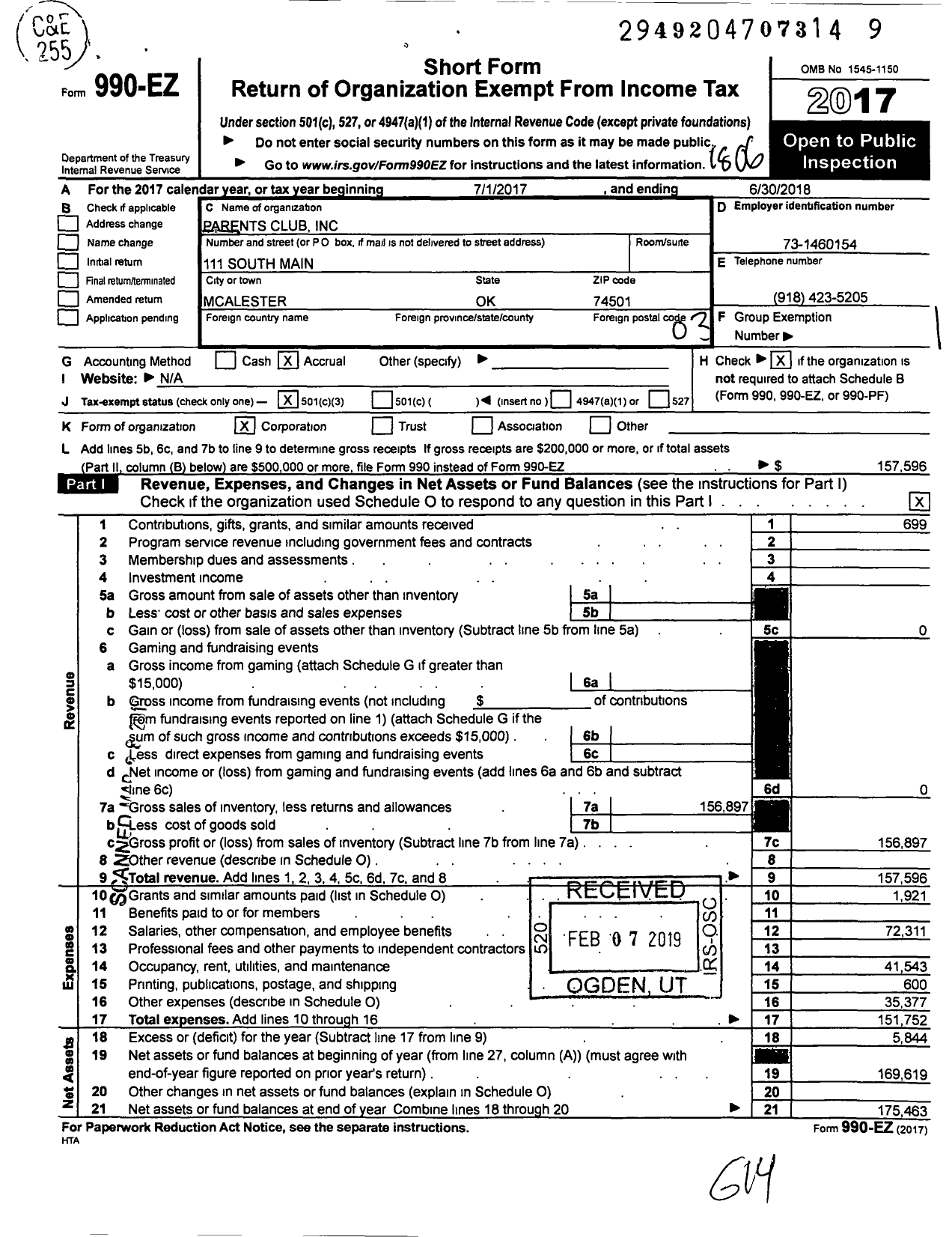 Image of first page of 2017 Form 990EZ for Parents Club