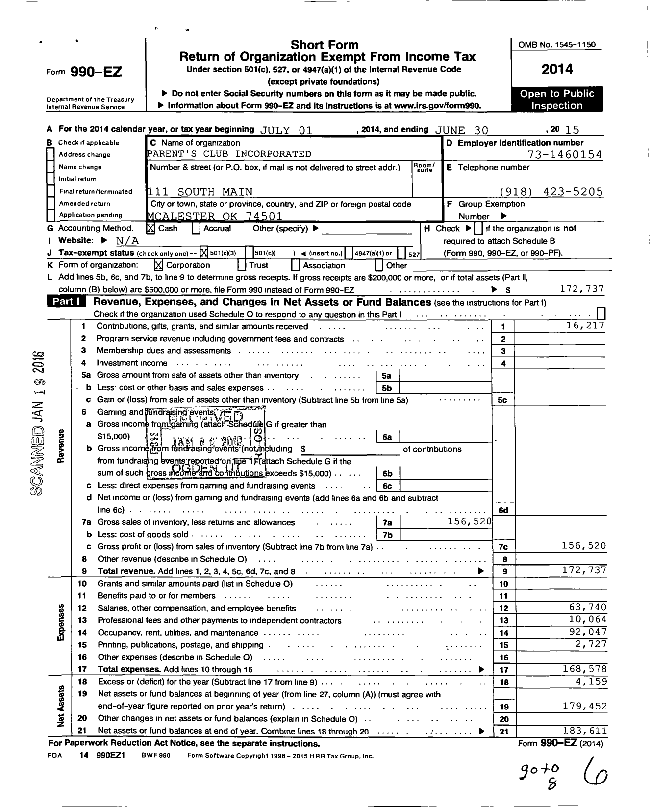 Image of first page of 2014 Form 990EZ for Parents Club