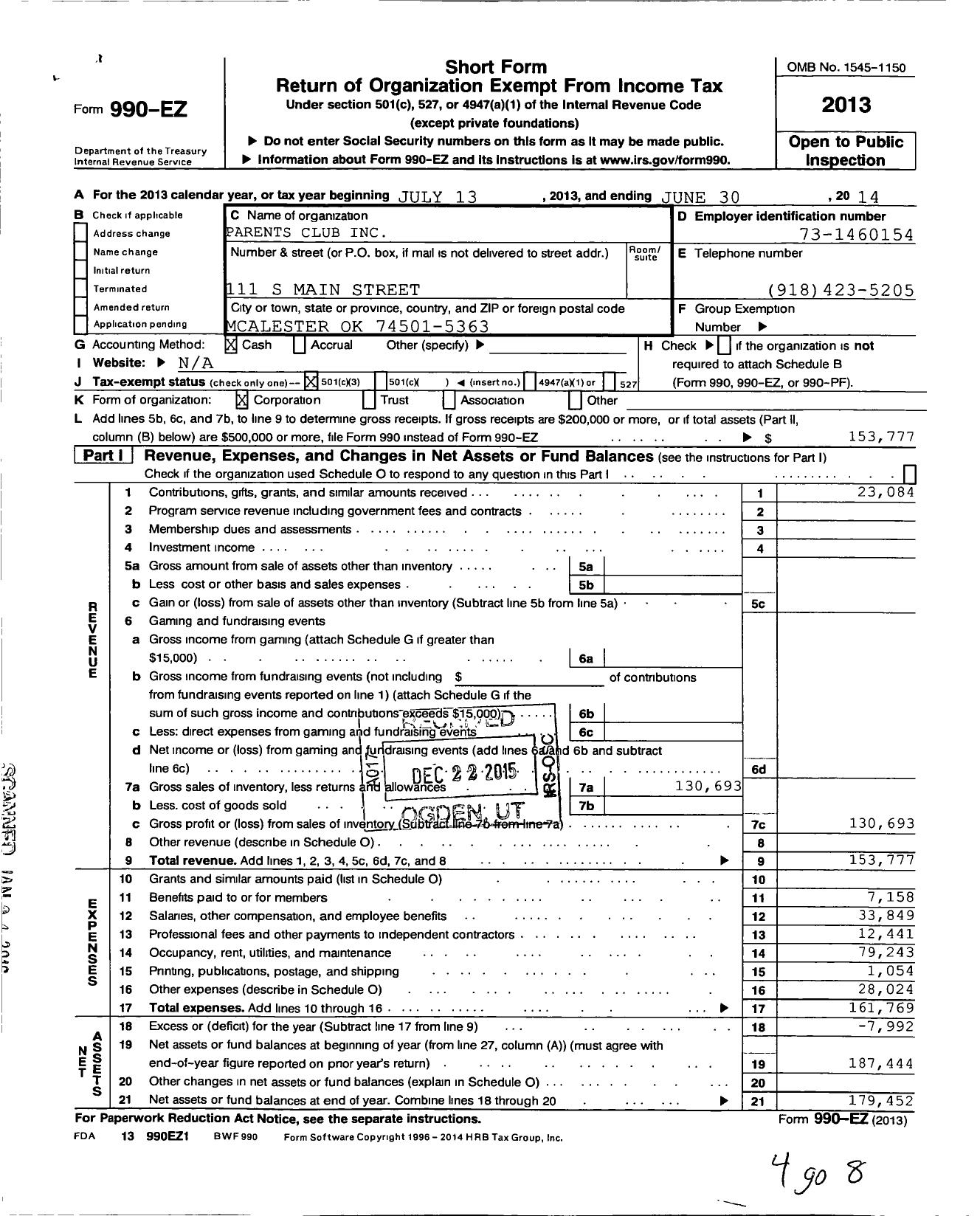 Image of first page of 2013 Form 990EZ for Parents Club