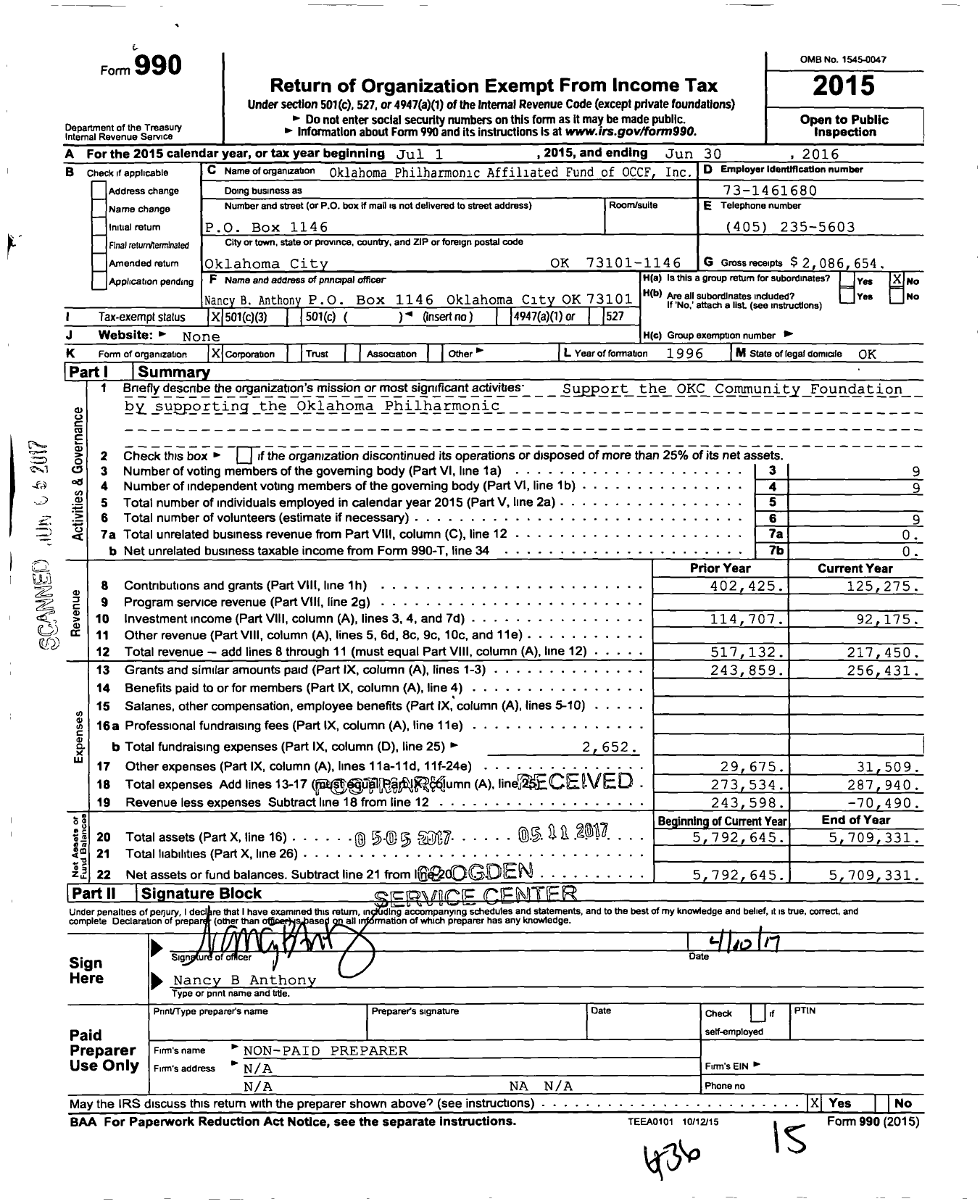Image of first page of 2015 Form 990 for Oklahoma Philharmonic Affiliated Fund of OCCF