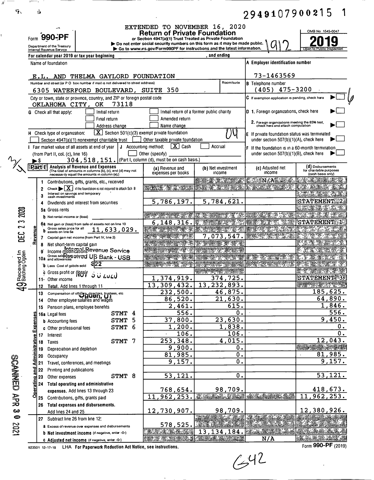 Image of first page of 2019 Form 990PF for E L and Thelma Gaylord Foundation