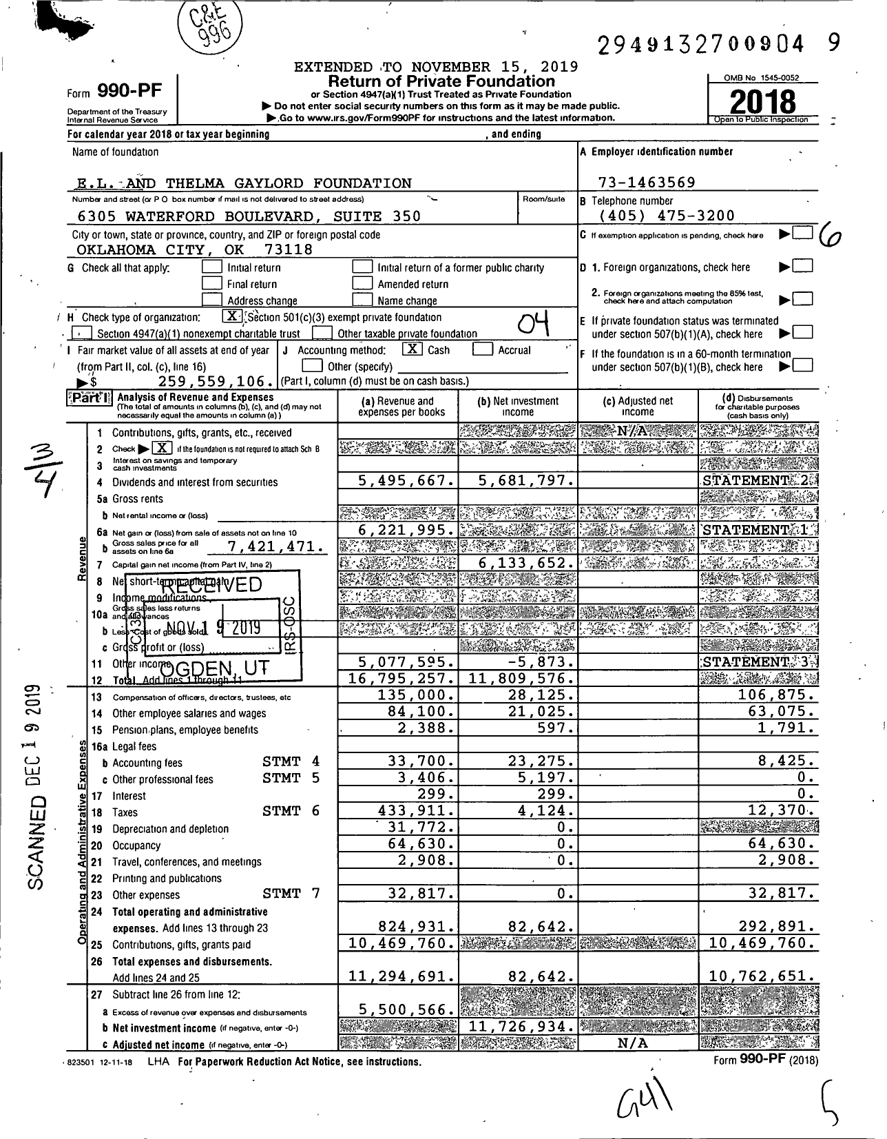 Image of first page of 2018 Form 990PF for E L and Thelma Gaylord Foundation