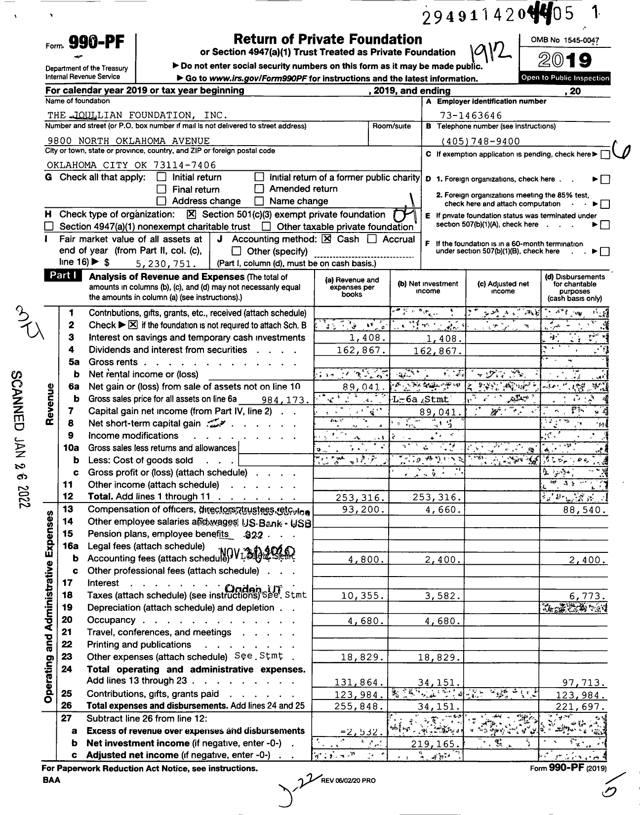 Image of first page of 2019 Form 990PF for The Joullian Foundation