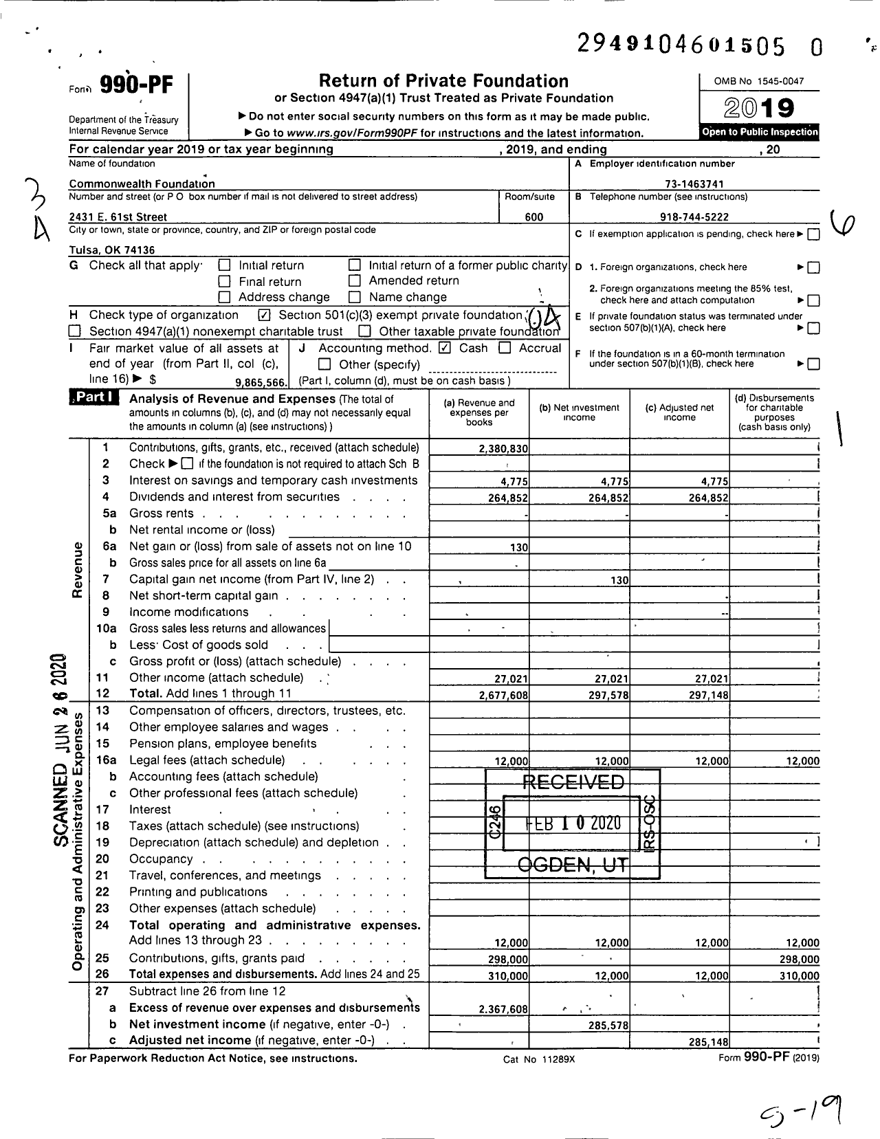 Image of first page of 2019 Form 990PR for Commonwealth Foundation