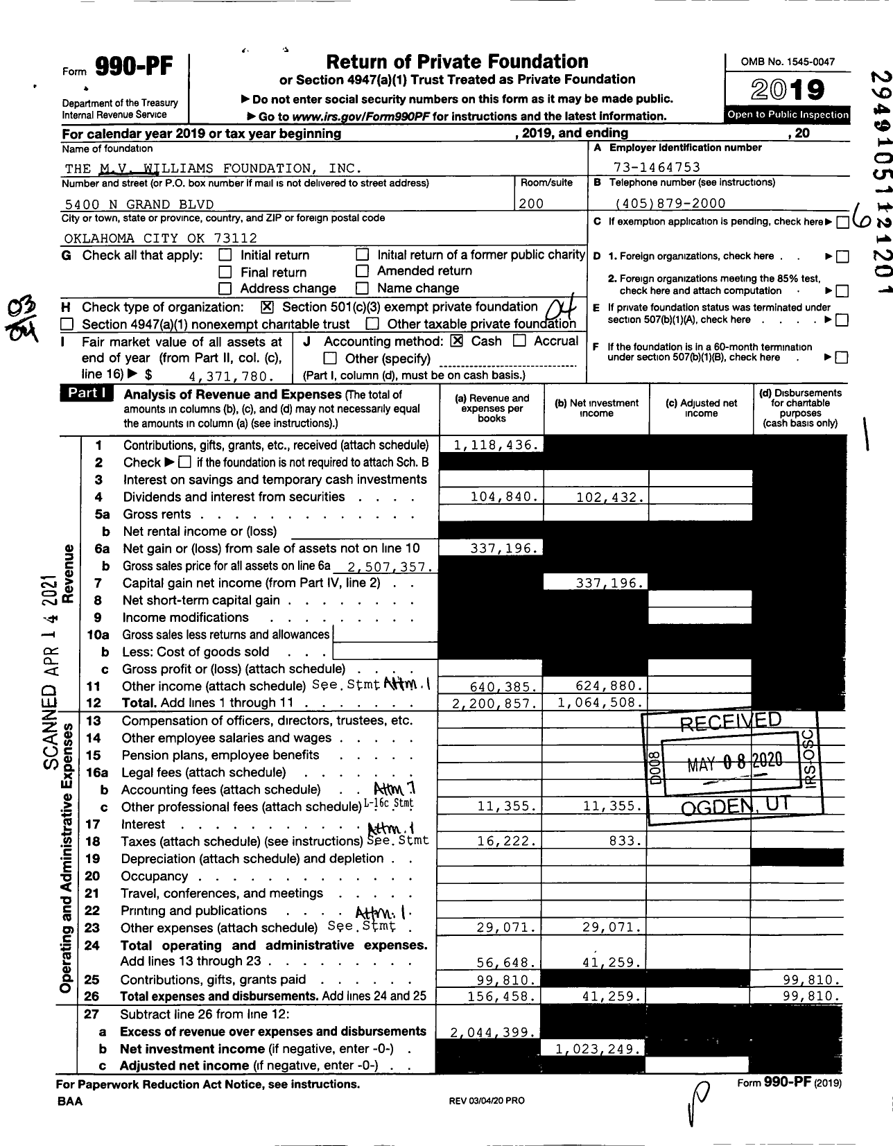 Image of first page of 2019 Form 990PF for The MV Williams Foundation