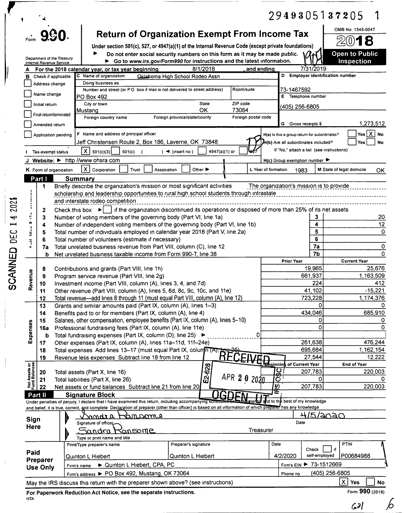 Image of first page of 2018 Form 990 for Oklahoma High School Rodeo Association