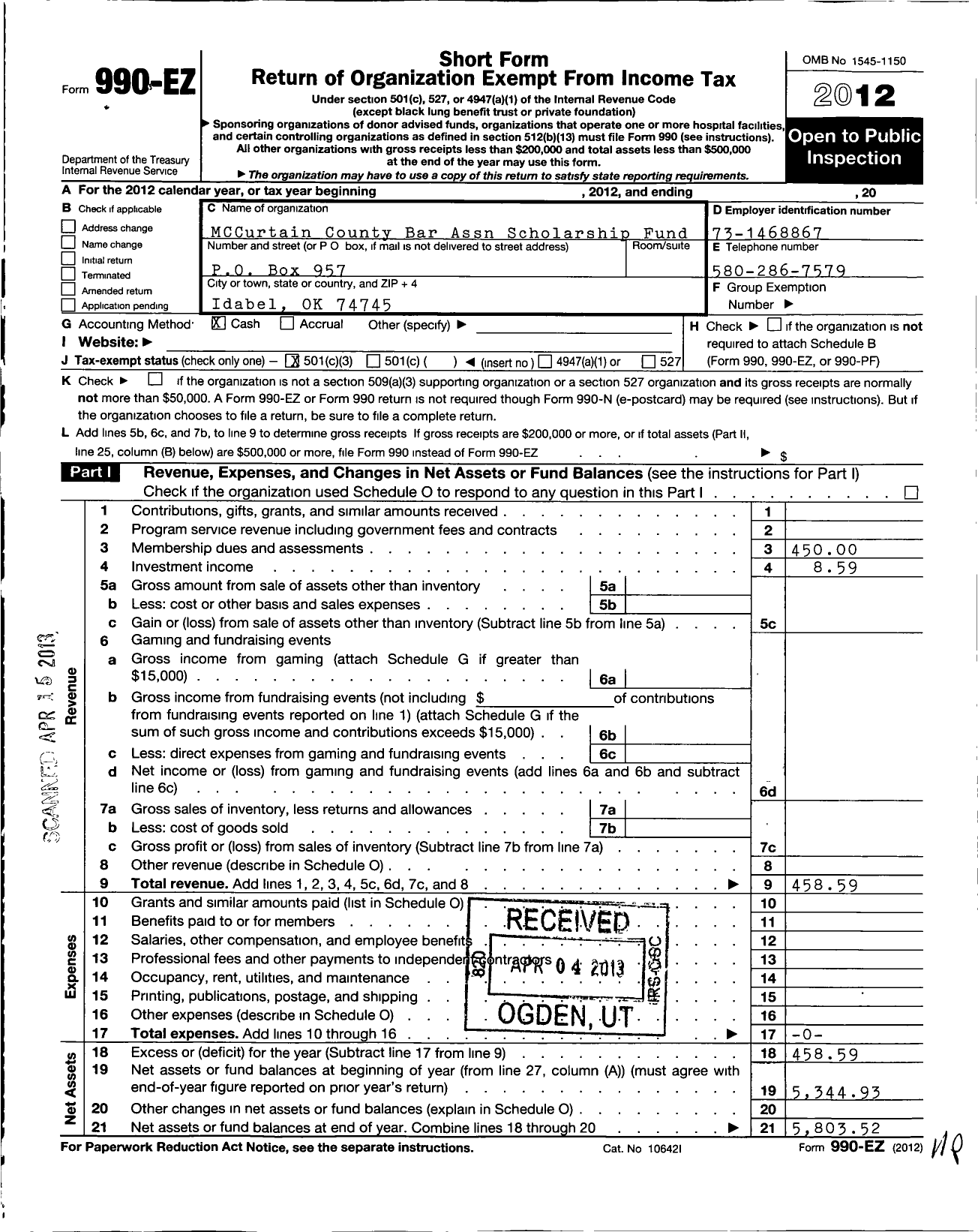 Image of first page of 2012 Form 990EZ for Mccurtain County Bar Association Scholarship Fund