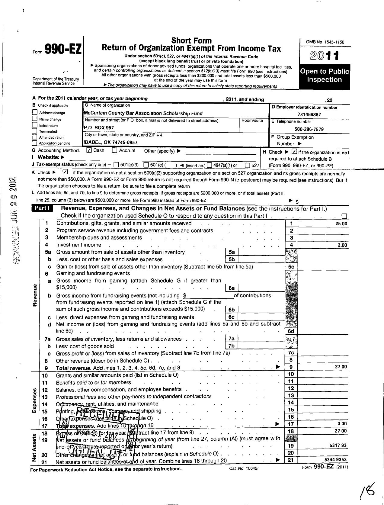 Image of first page of 2011 Form 990EO for Mccurtain County Bar Association Scholarship Fund