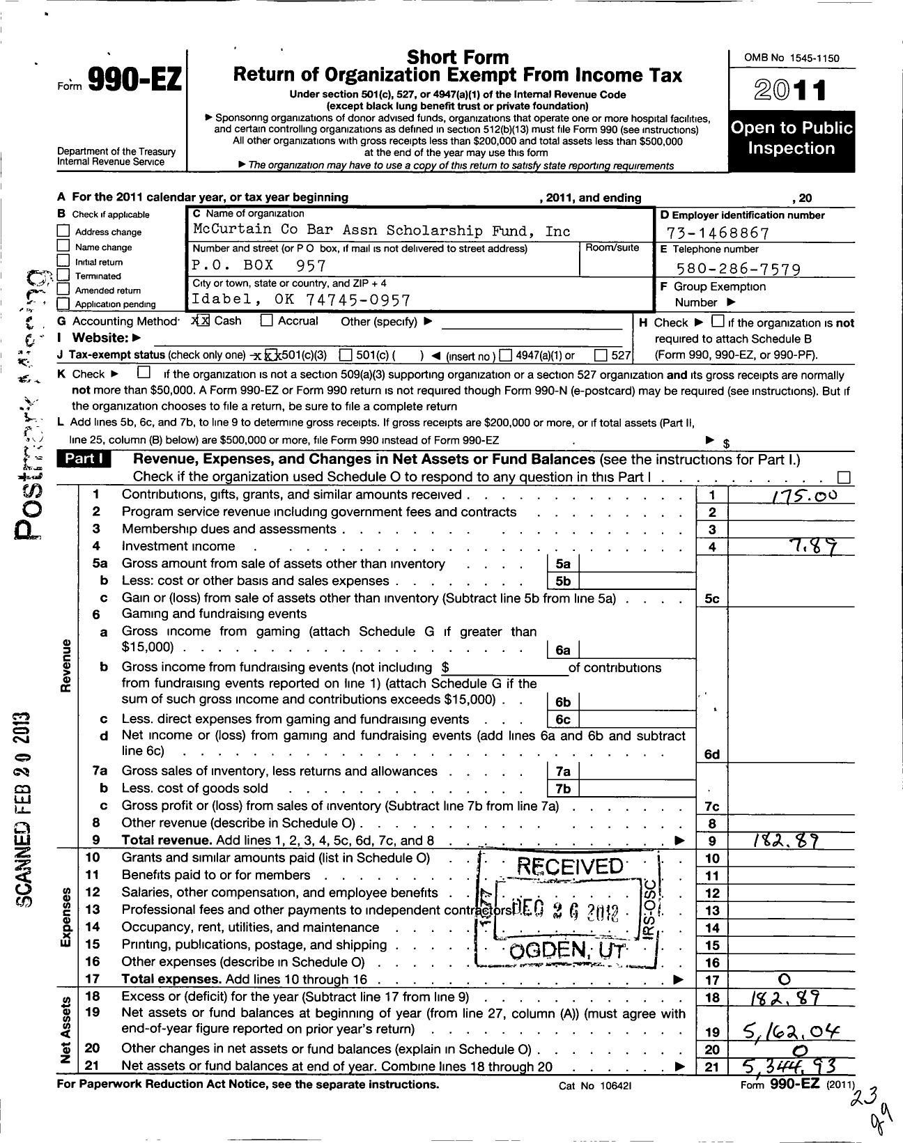 Image of first page of 2011 Form 990EZ for Mccurtain County Bar Association Scholarship Fund