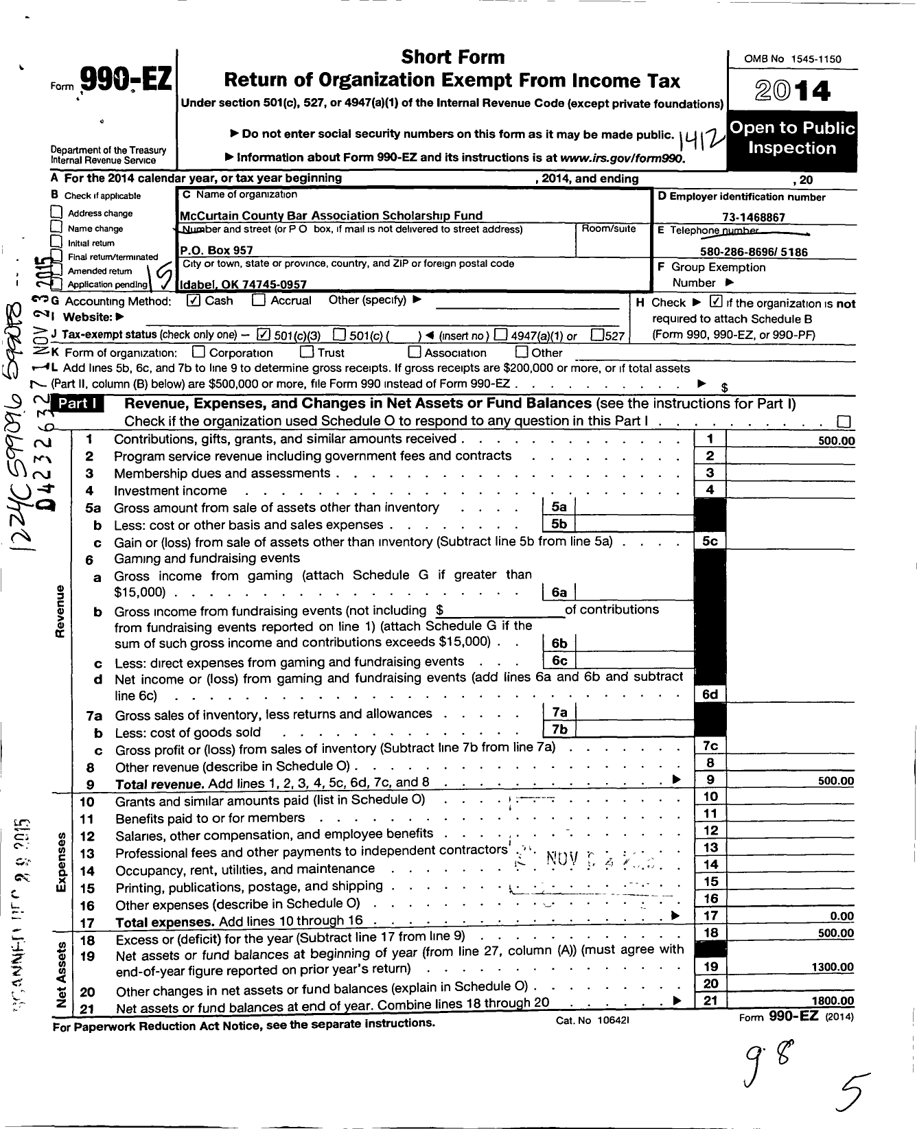 Image of first page of 2014 Form 990EZ for Mccurtain County Bar Association Scholarship Fund