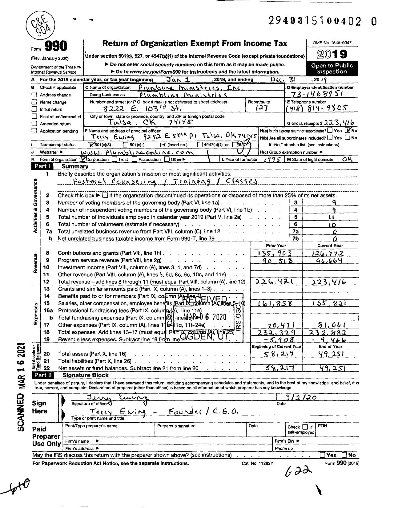 Image of first page of 2019 Form 990 for Plumbline Ministries