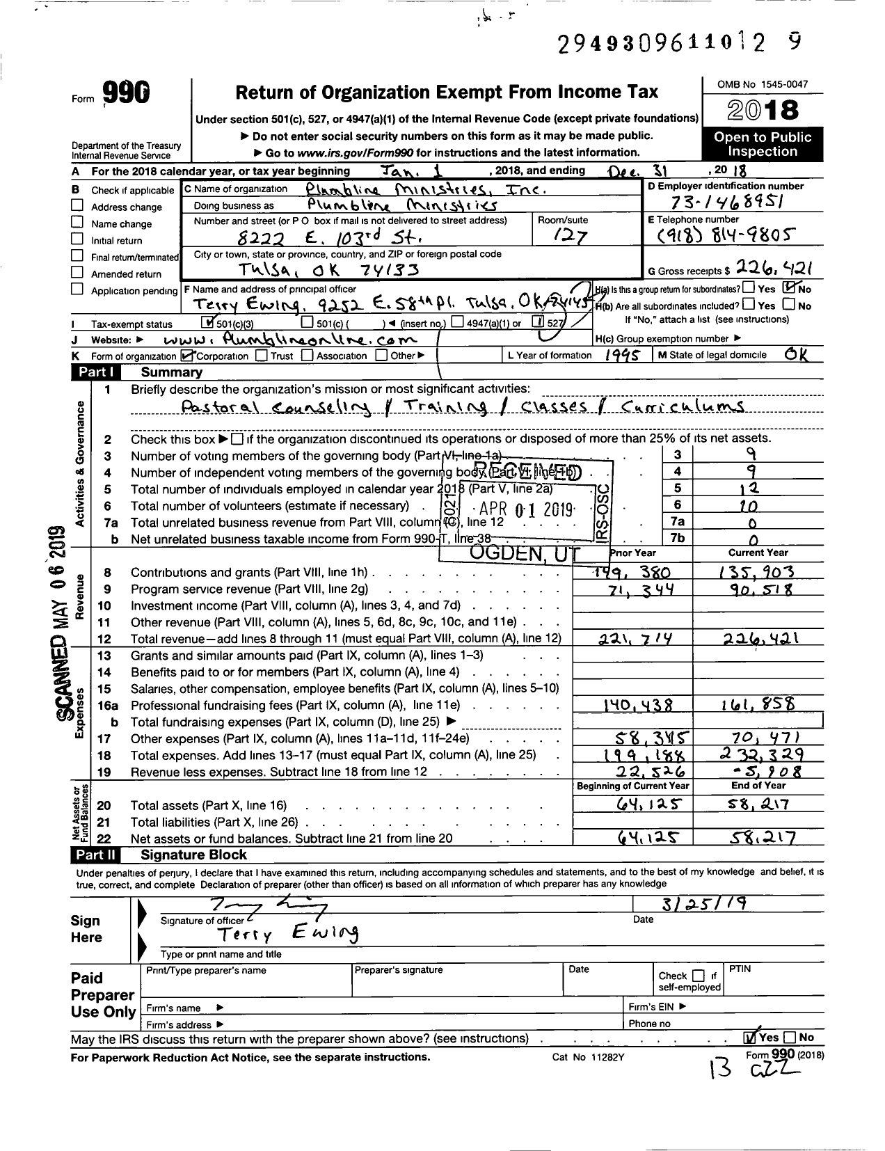 Image of first page of 2018 Form 990 for Plumbline Ministries