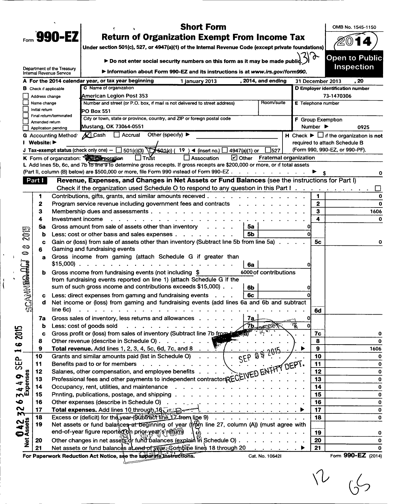 Image of first page of 2013 Form 990EO for American Legion - 353 Mustang