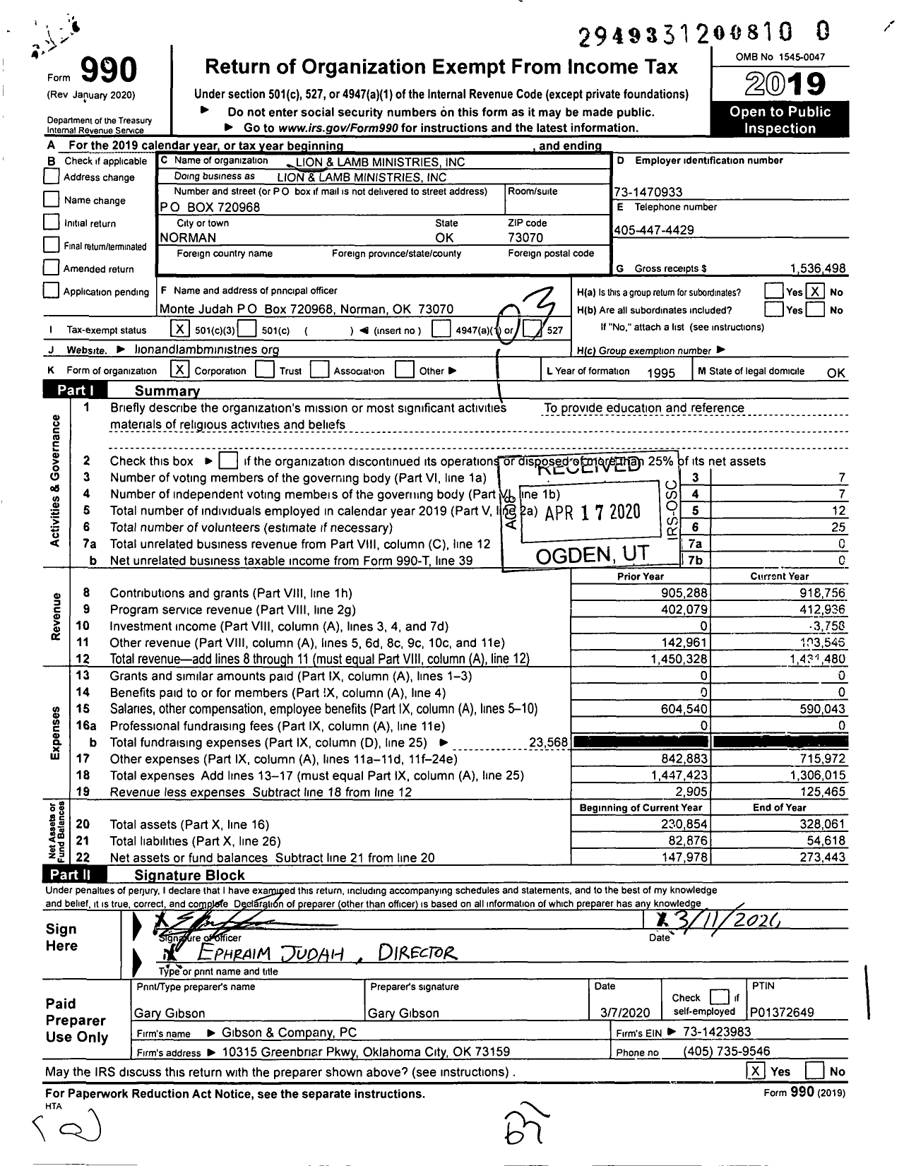 Image of first page of 2019 Form 990 for Lion and Lamb Ministries