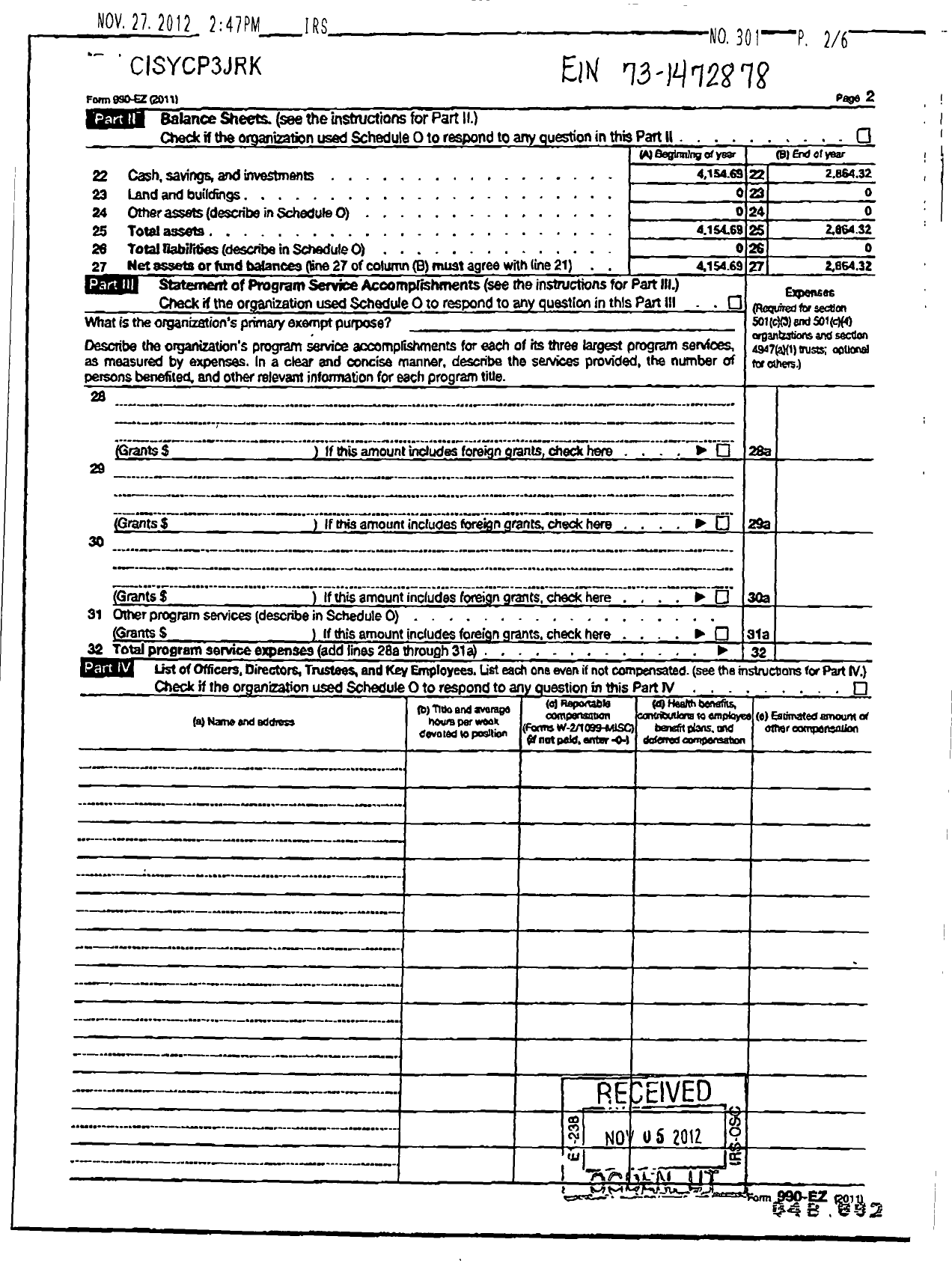 Image of first page of 2011 Form 990EOR for Curriculum Instruction and Assessment -cia