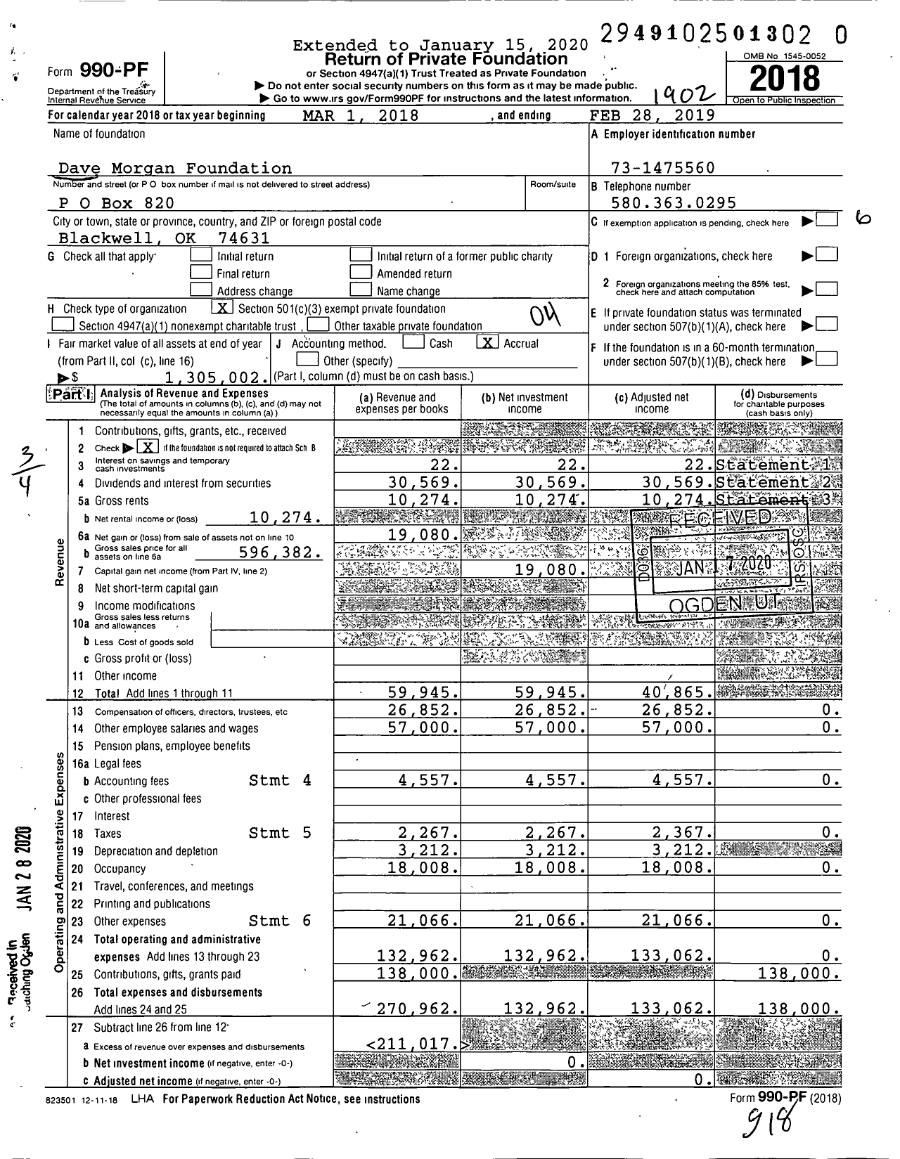 Image of first page of 2018 Form 990PR for Dave Morgan Foundation