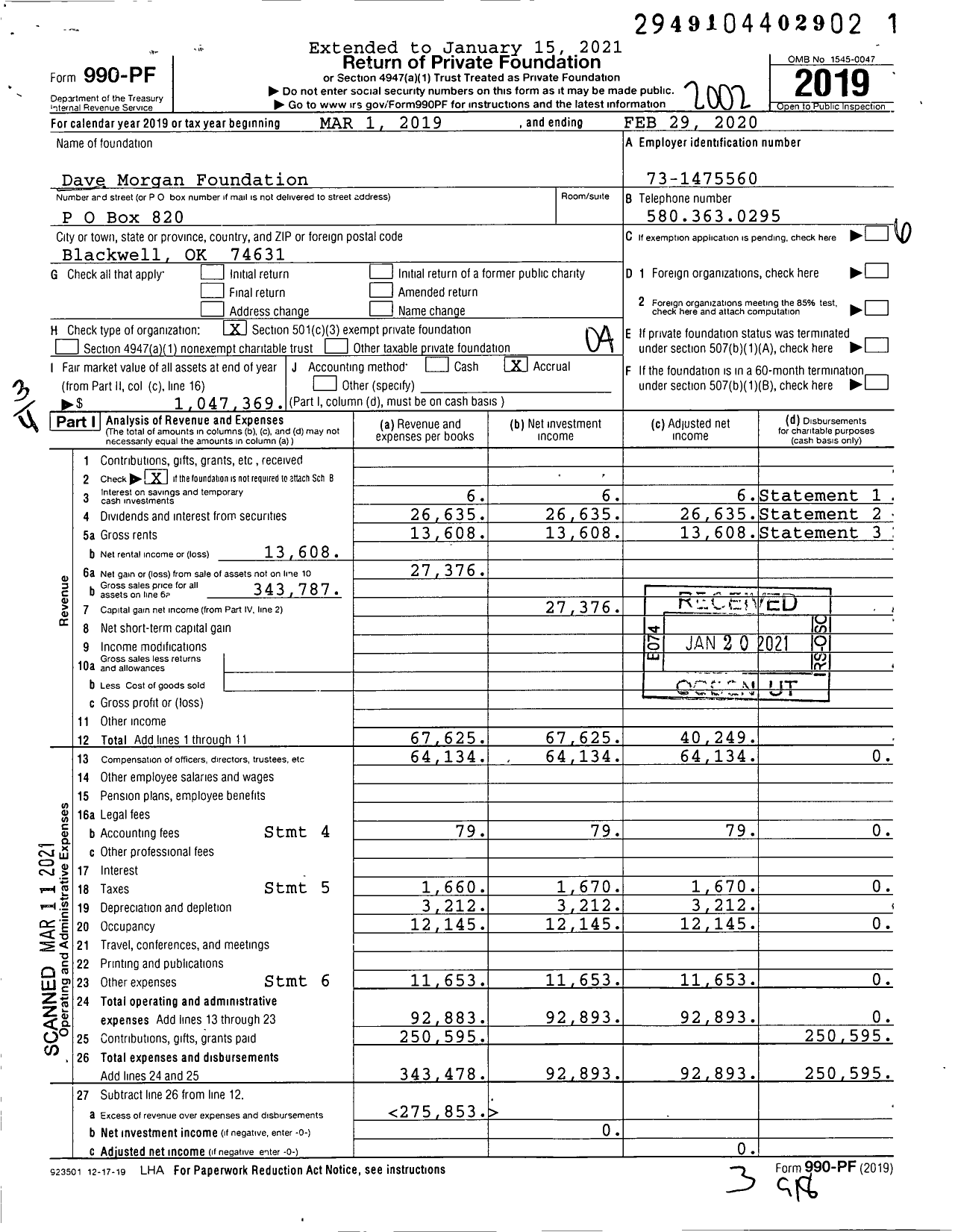 Image of first page of 2019 Form 990PF for Dave Morgan Foundation