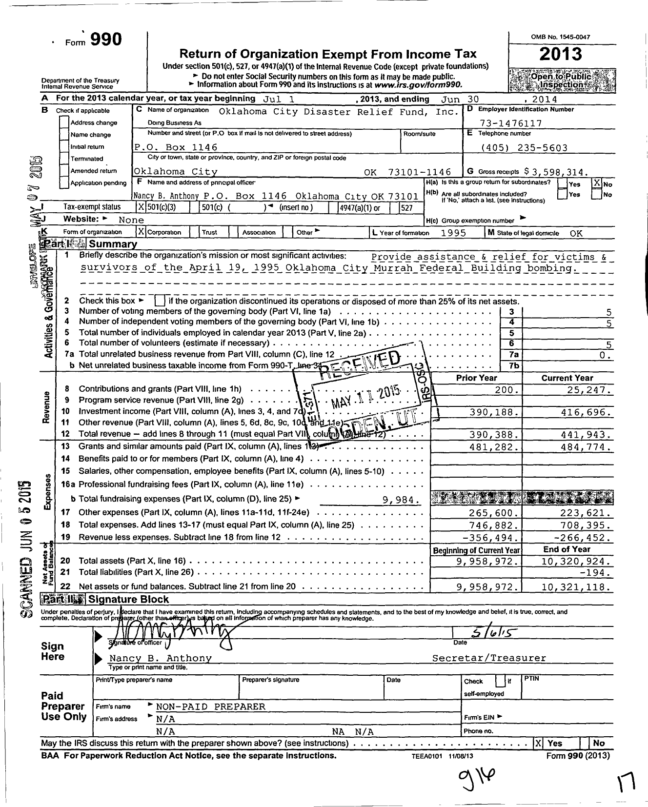 Image of first page of 2013 Form 990 for Oklahoma City Disaster Relief Fund