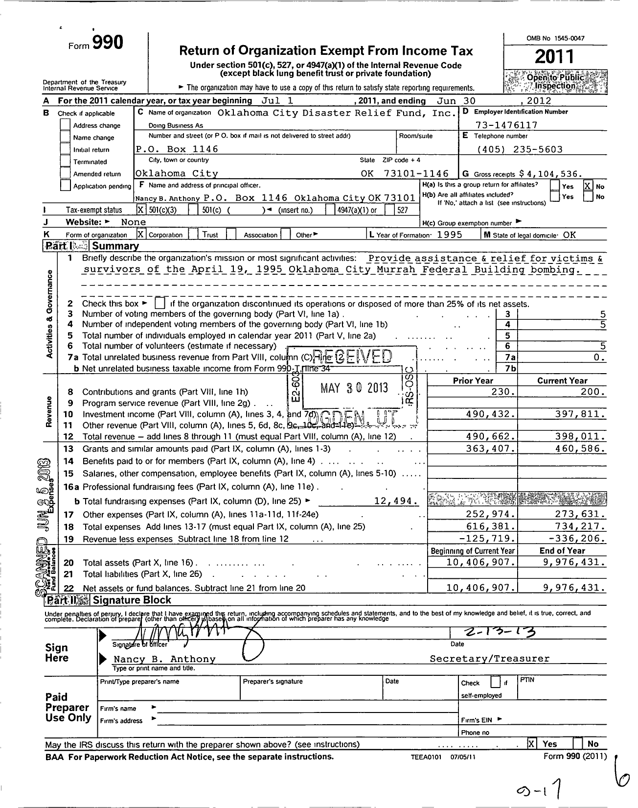 Image of first page of 2011 Form 990 for Oklahoma City Disaster Relief Fund