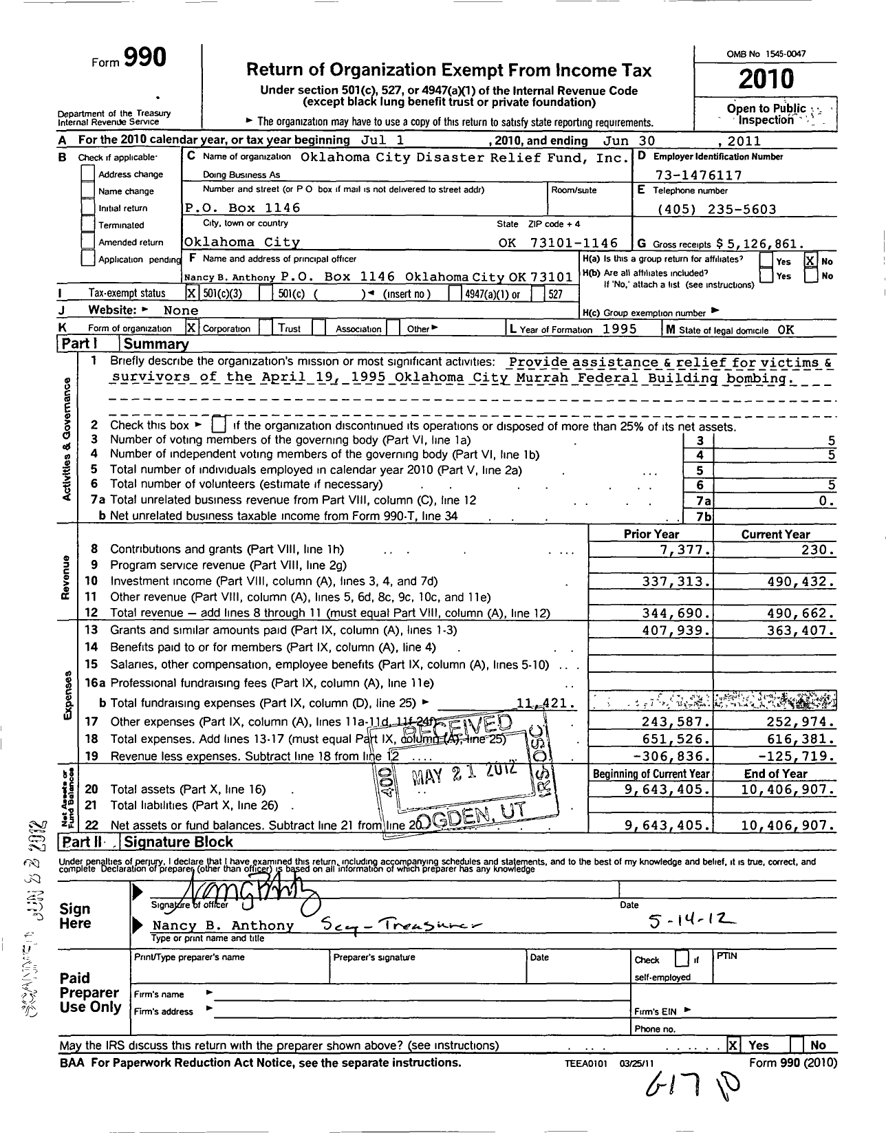 Image of first page of 2010 Form 990 for Oklahoma City Disaster Relief Fund