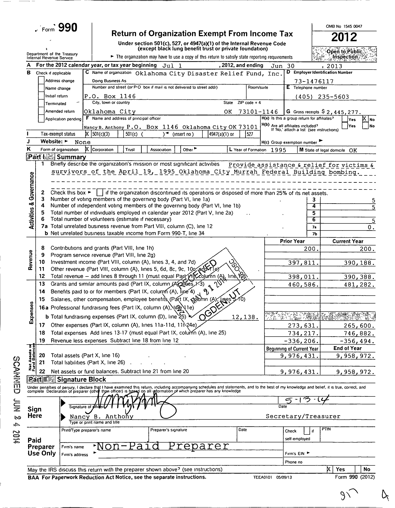 Image of first page of 2012 Form 990 for Oklahoma City Disaster Relief Fund