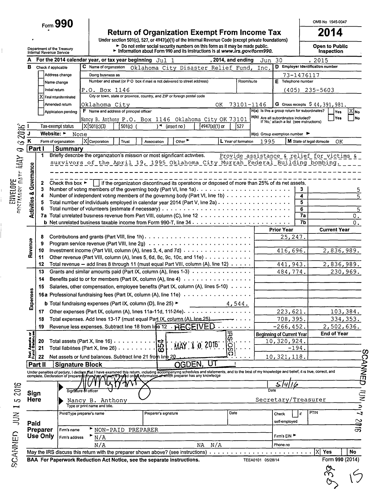 Image of first page of 2014 Form 990 for Oklahoma City Disaster Relief Fund