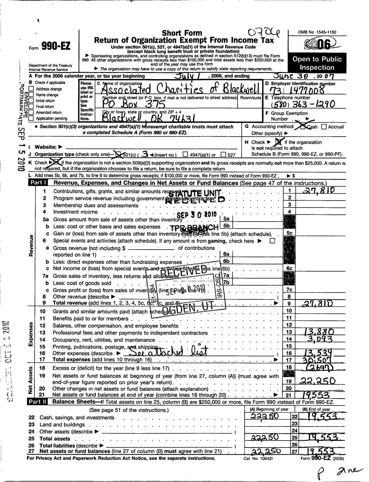 Image of first page of 2006 Form 990EZ for Associated Charities of Blackwell