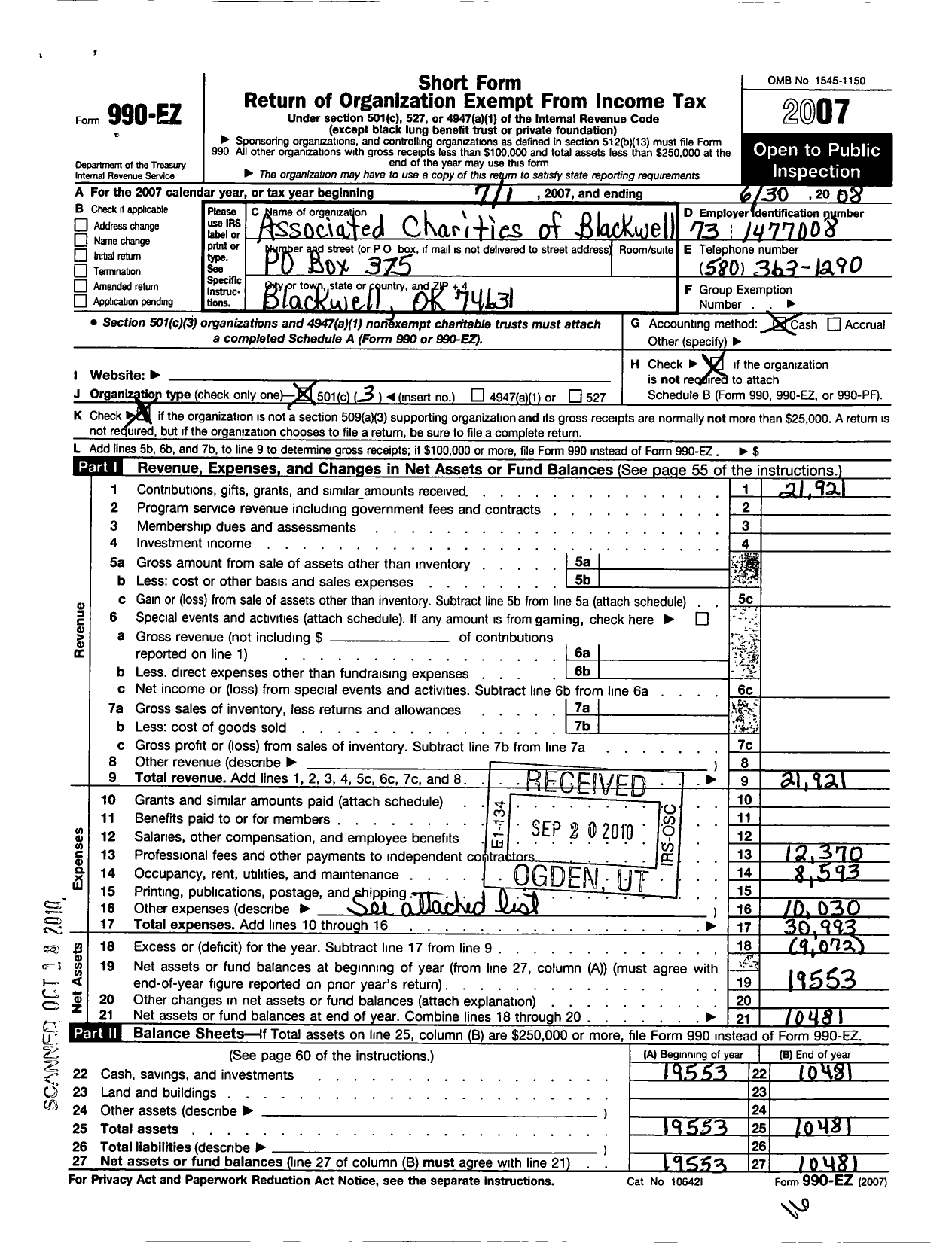 Image of first page of 2007 Form 990EZ for Associated Charities of Blackwell